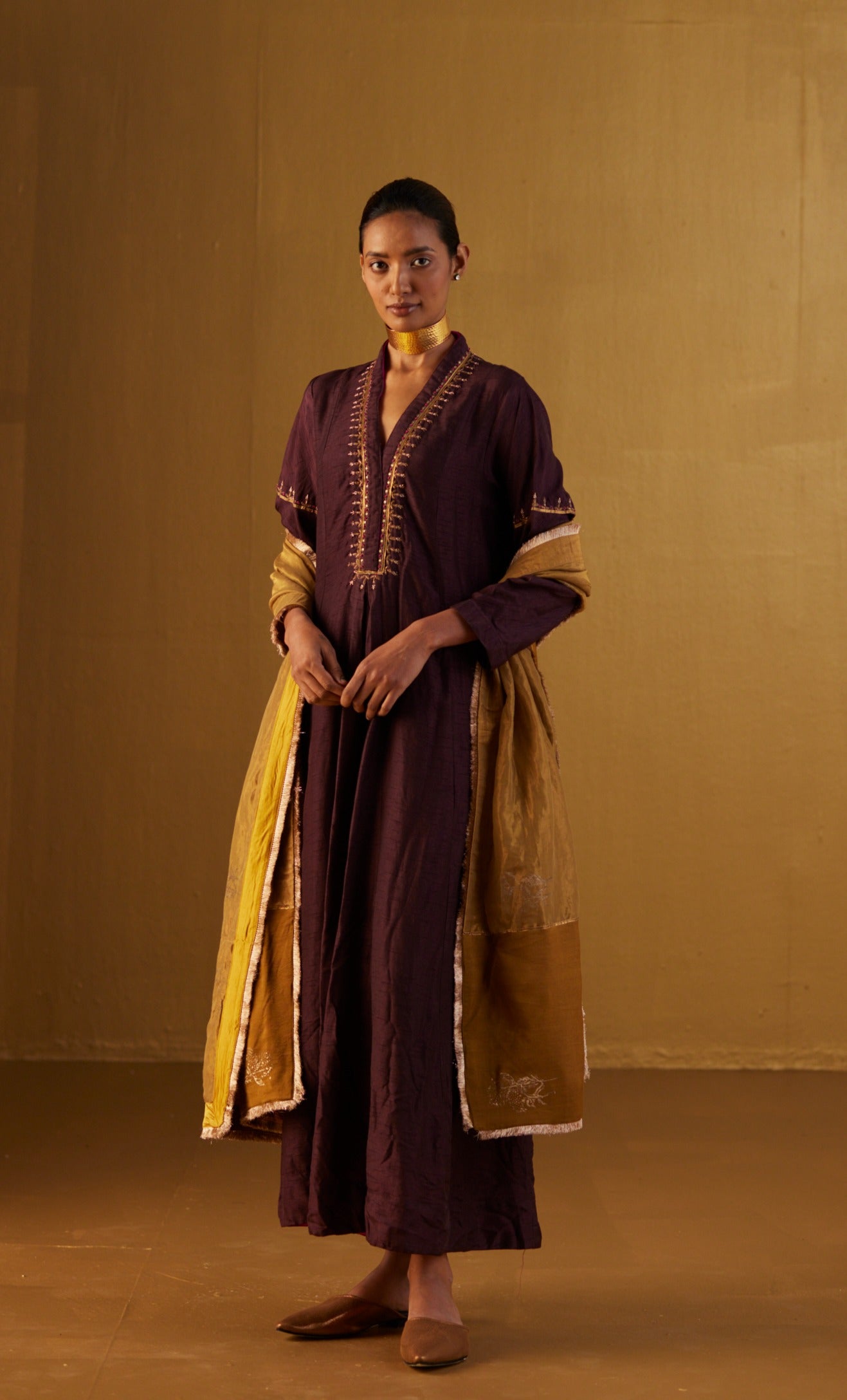 Ochre Tissue Dupatta with Hand Block Print