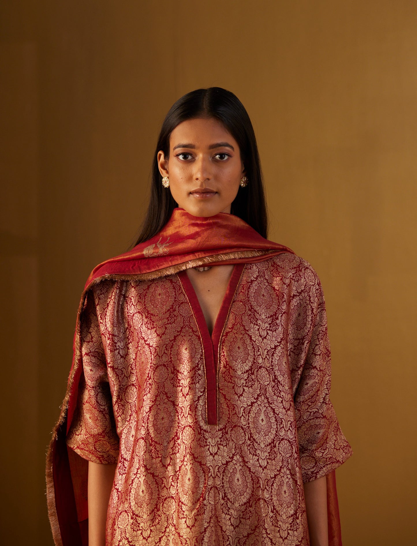 Shahi Kaftan in Red Mughal Brocade with Red Pants