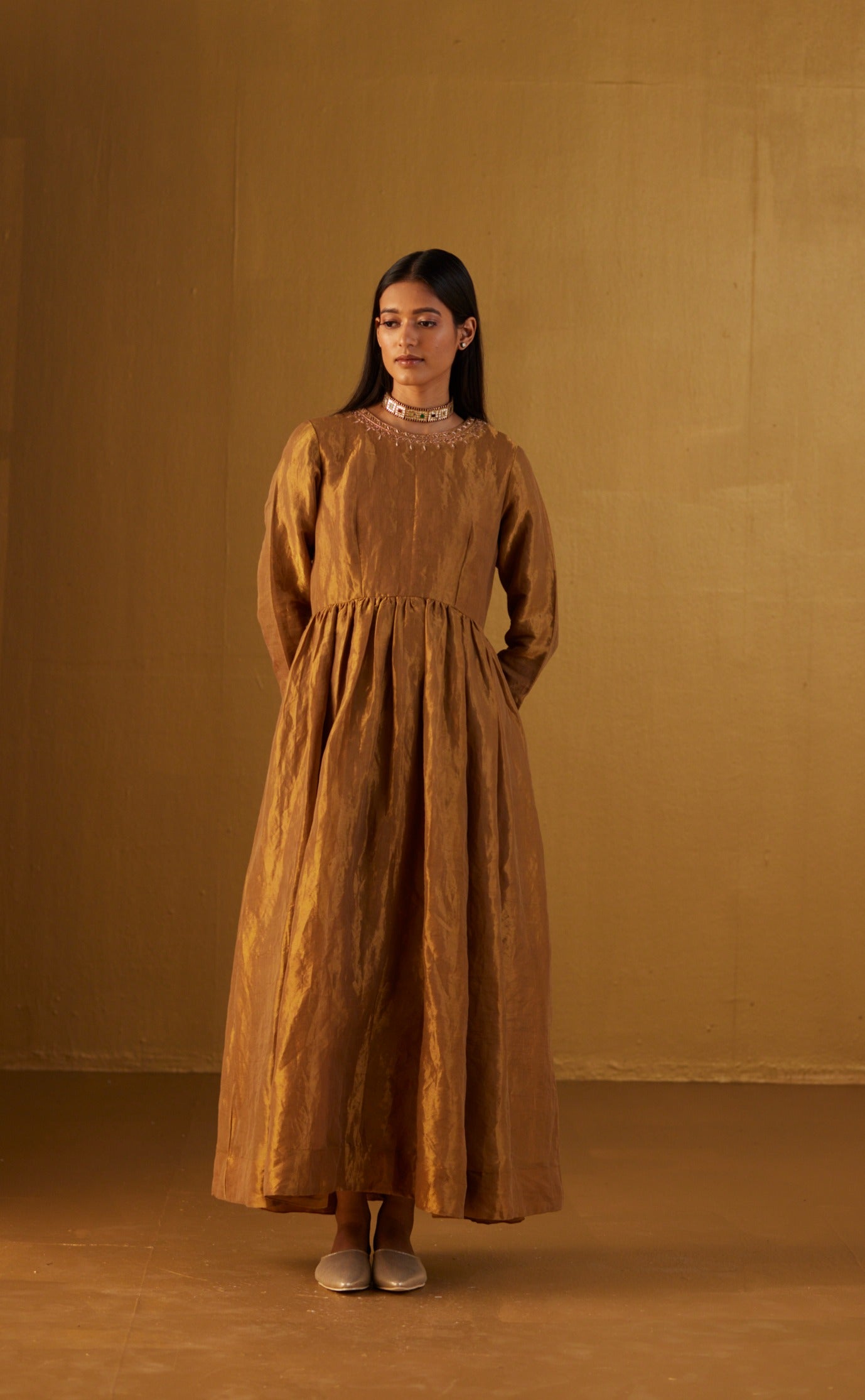 Anna Anarkali Dress in Gold Tissue Shorshe Clothing Anna Anarkali Dress in Gold Tissue Shorshe Clothing