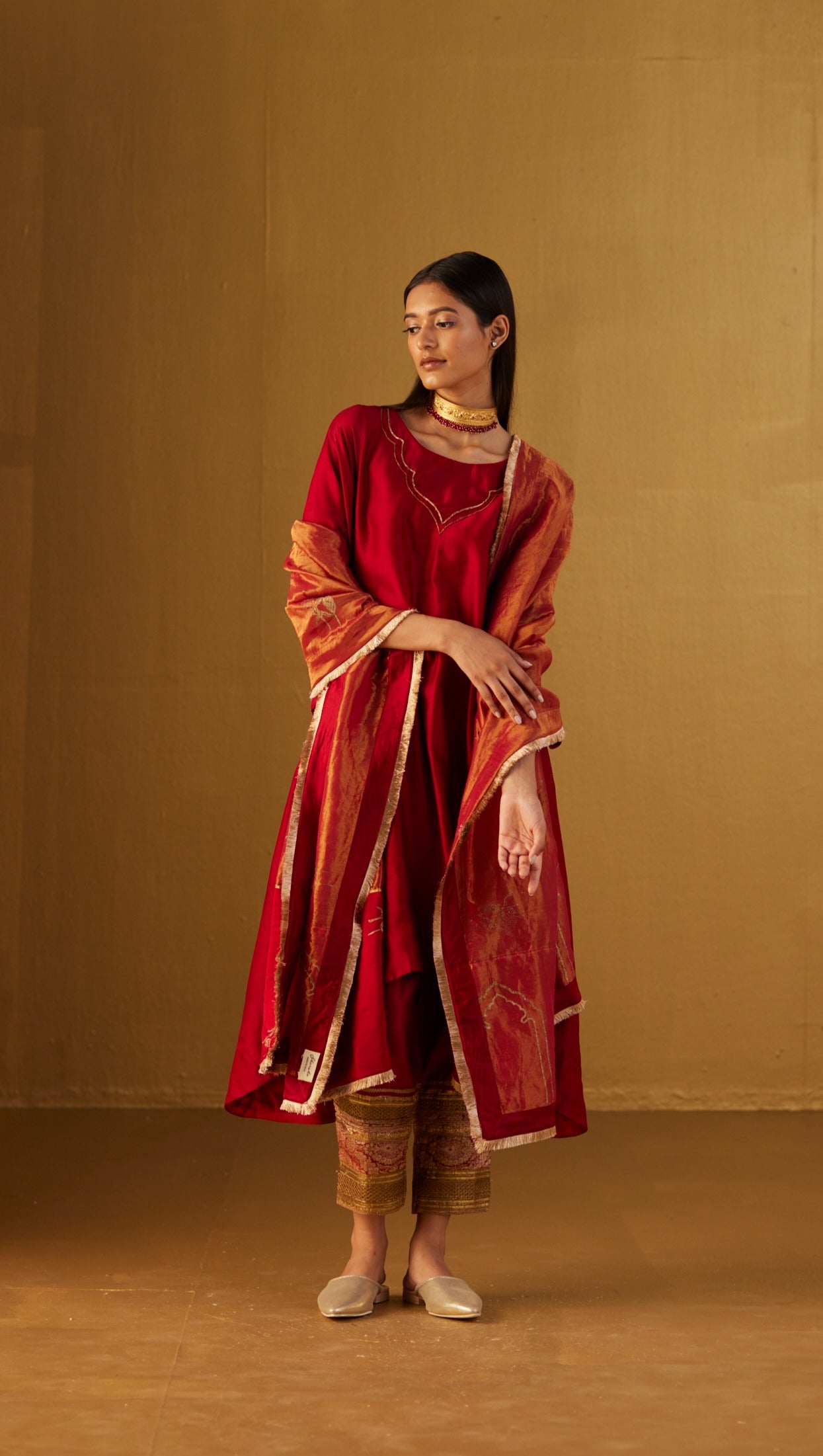 Red Oonch Neech kurta with Gota Chanderi Pants