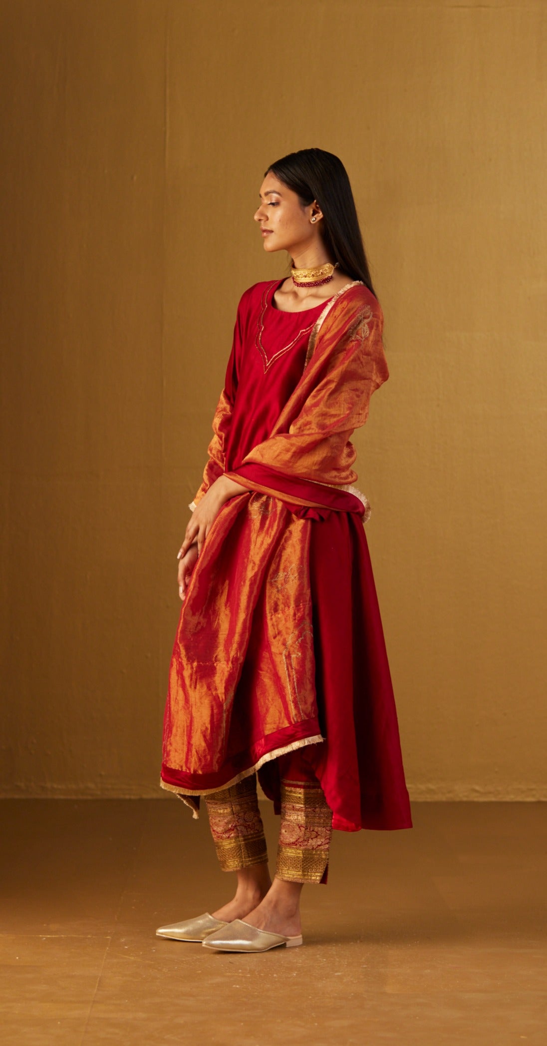 Red Tissue Dupatta with Hand Block Print