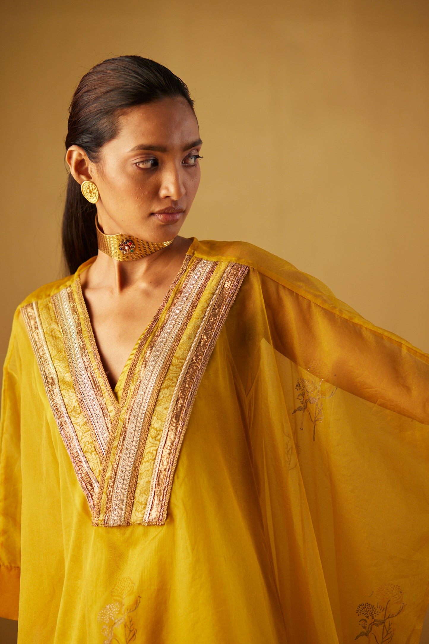 Ochre Waahida Kaftan in Hand Block Print and Gold Pants