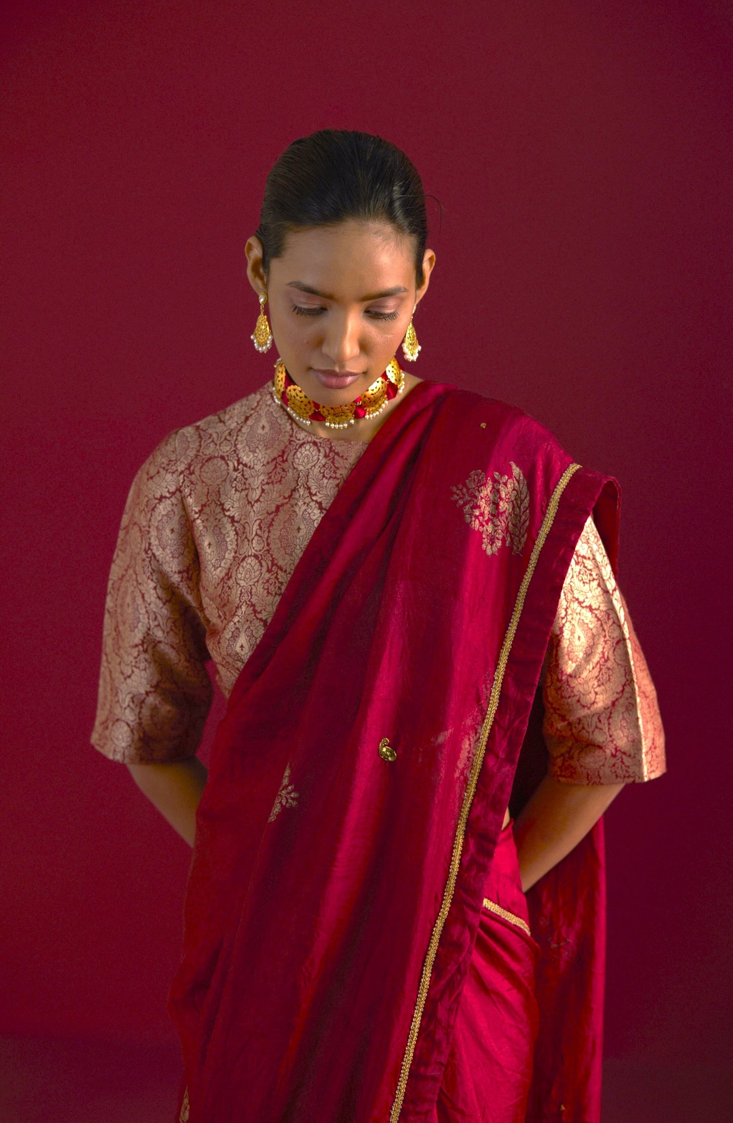 Zero Neck Blouse in Red Mughal Brocade