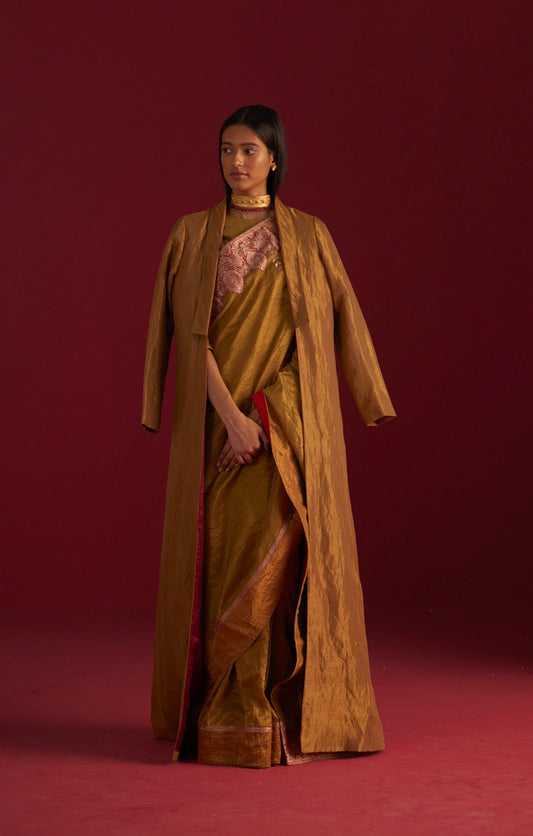 Ayesha Gold Tissue Saree with Red Oji Brocade Border