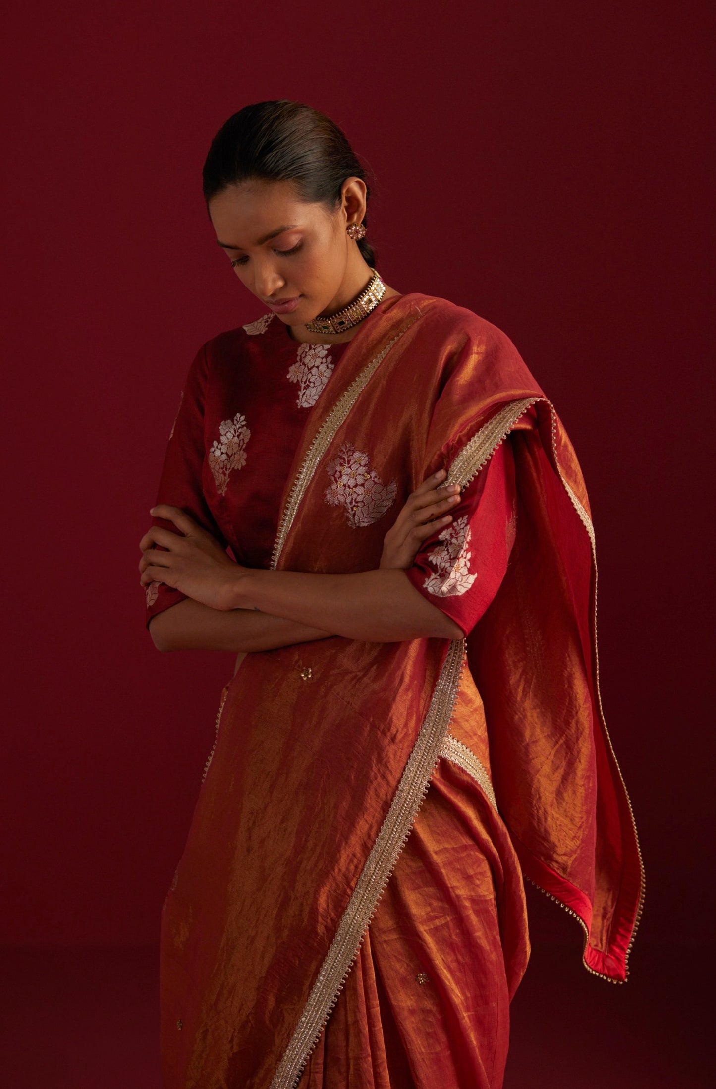 Gulal Tissue Saree in Red Tissue