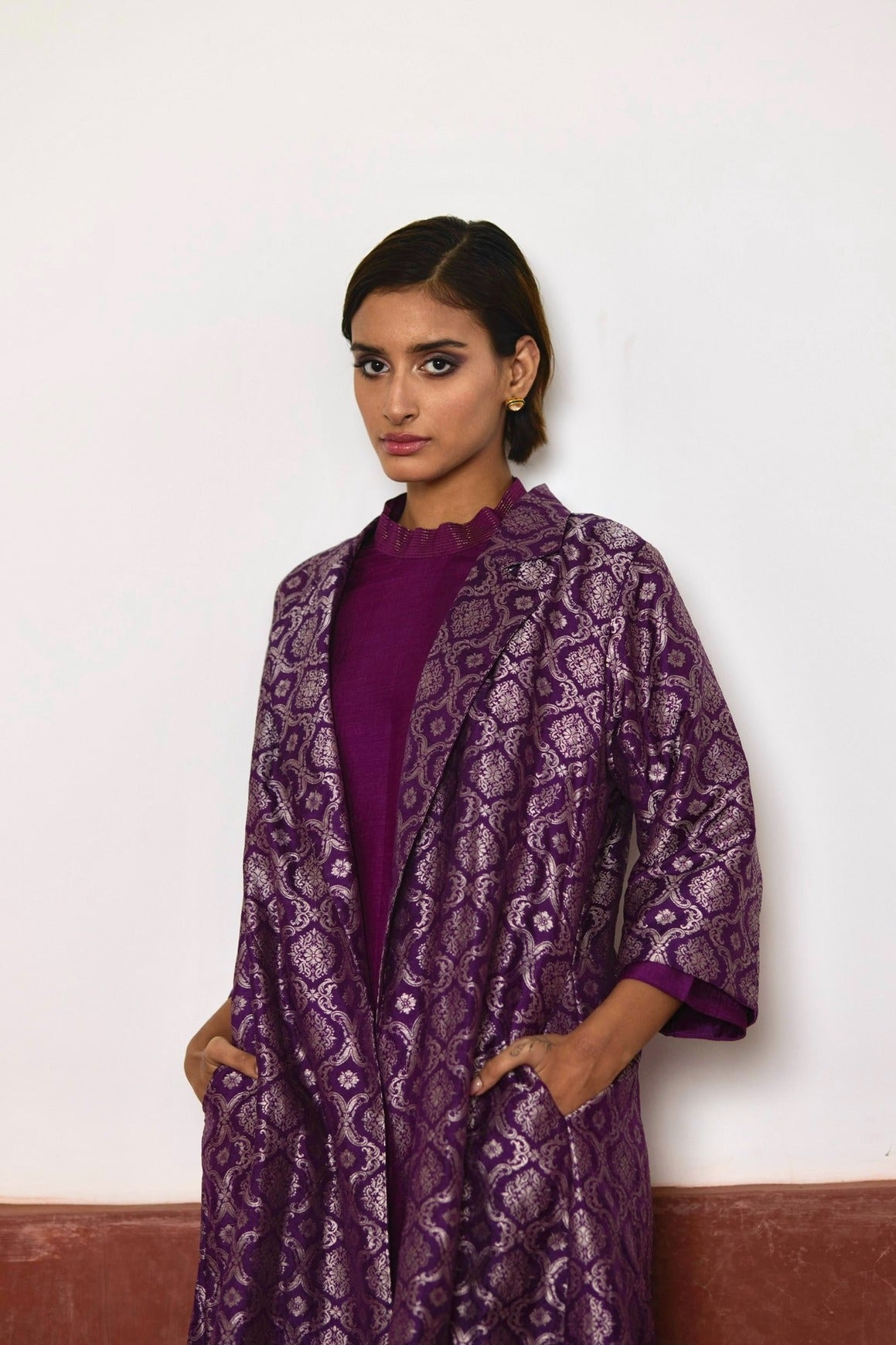 Asymmetrical Dress in Purple Silk with Purple Brocade Sally Jacket