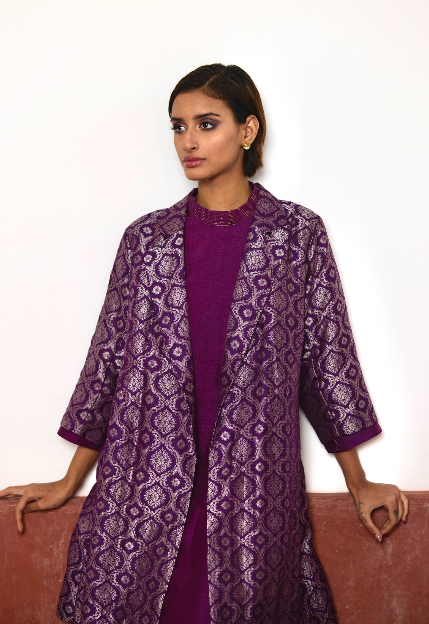Asymmetrical Dress in Purple Silk with Purple Brocade Sally Jacket