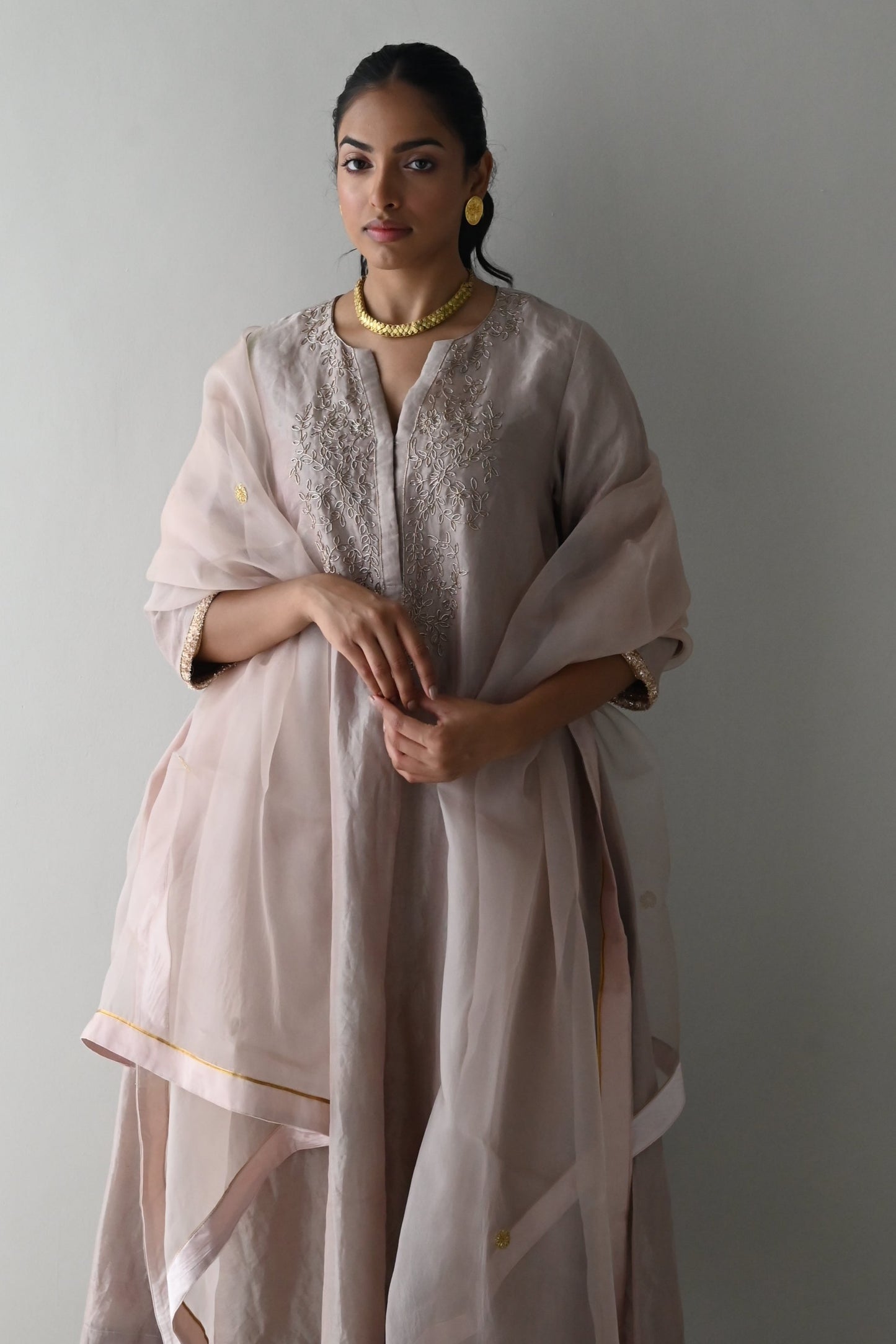 Boho Kurta in Nude Handloom Tissue with Nude Pant