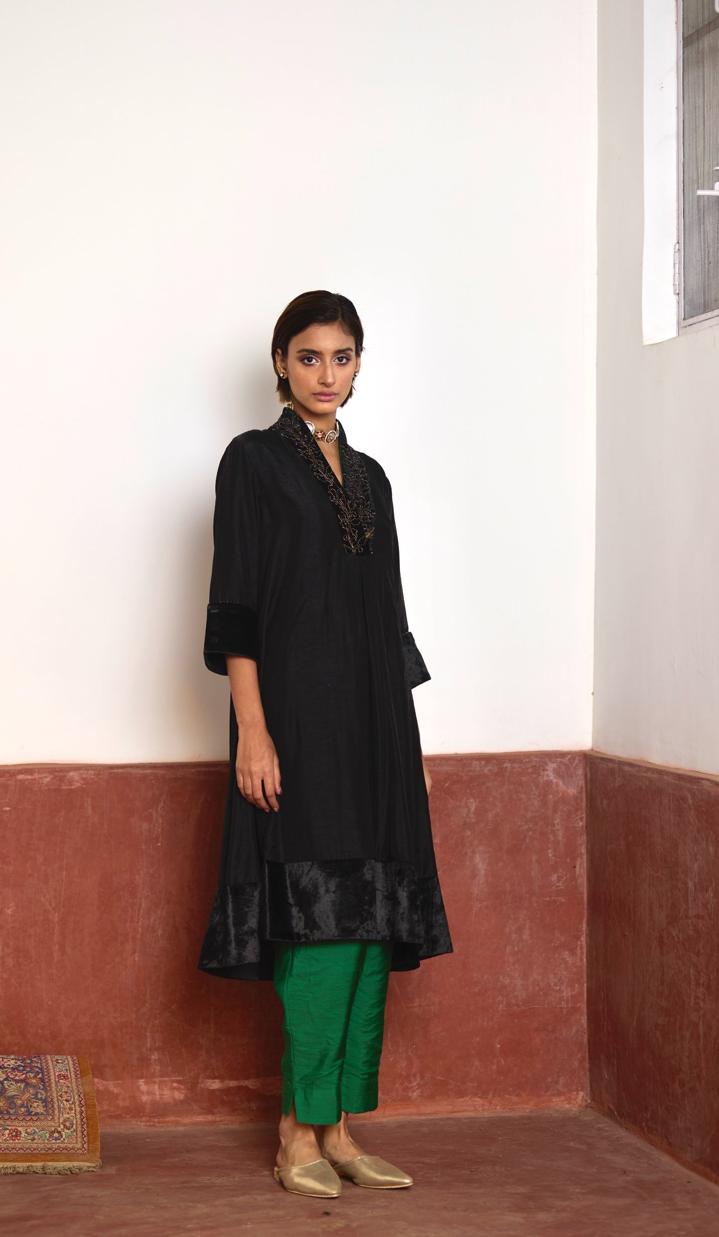 Sashiko Kurta in Black Silk with Green Pant