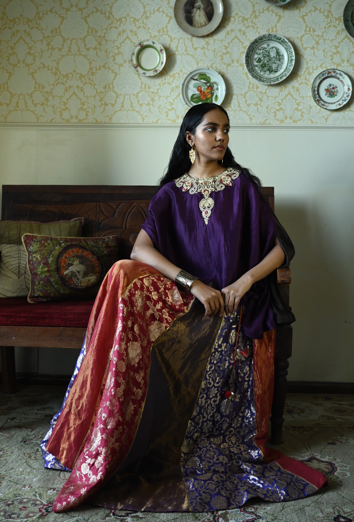 Roshni Lehenga in Purple and Red Brocade & Purple Maharani cape
