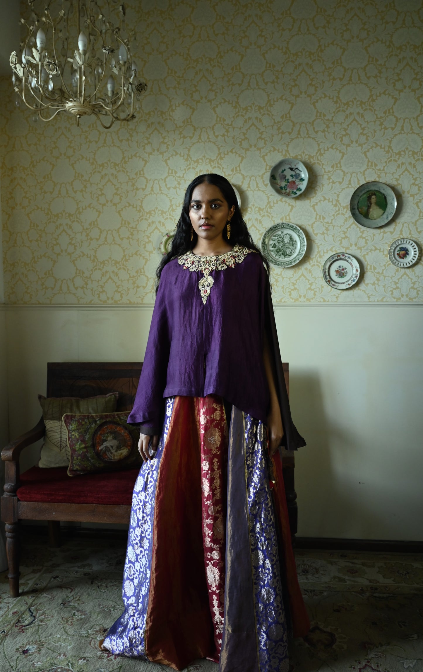 Roshni Lehenga in Purple and Red Brocade & Purple Maharani cape