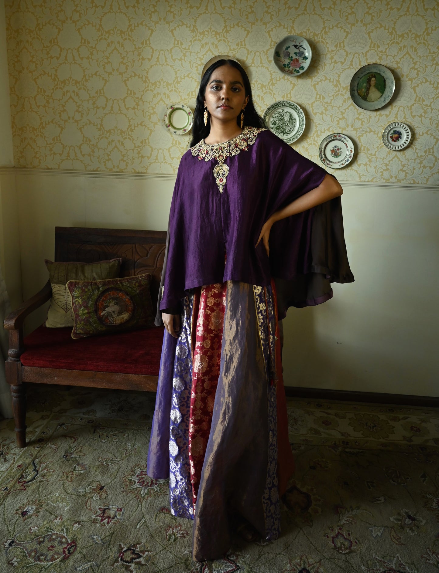 Roshni Lehenga in Purple and Red Brocade & Purple Maharani cape