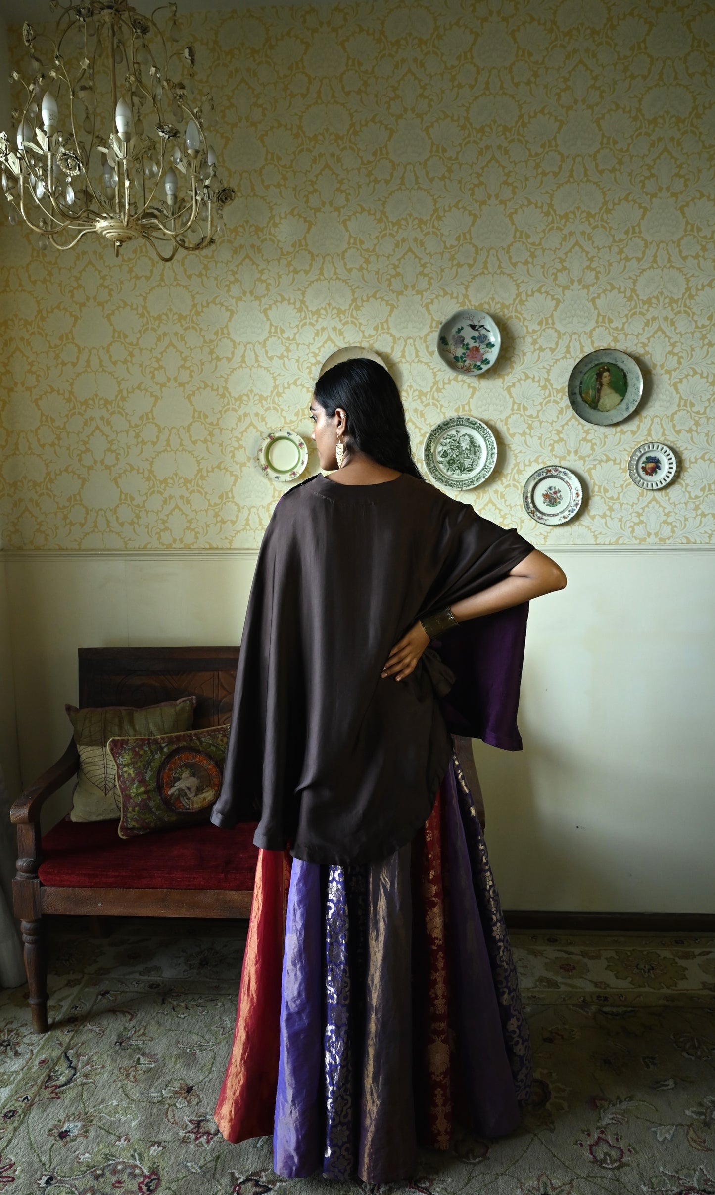 Roshni Lehenga in Purple and Red Brocade & Purple Maharani cape