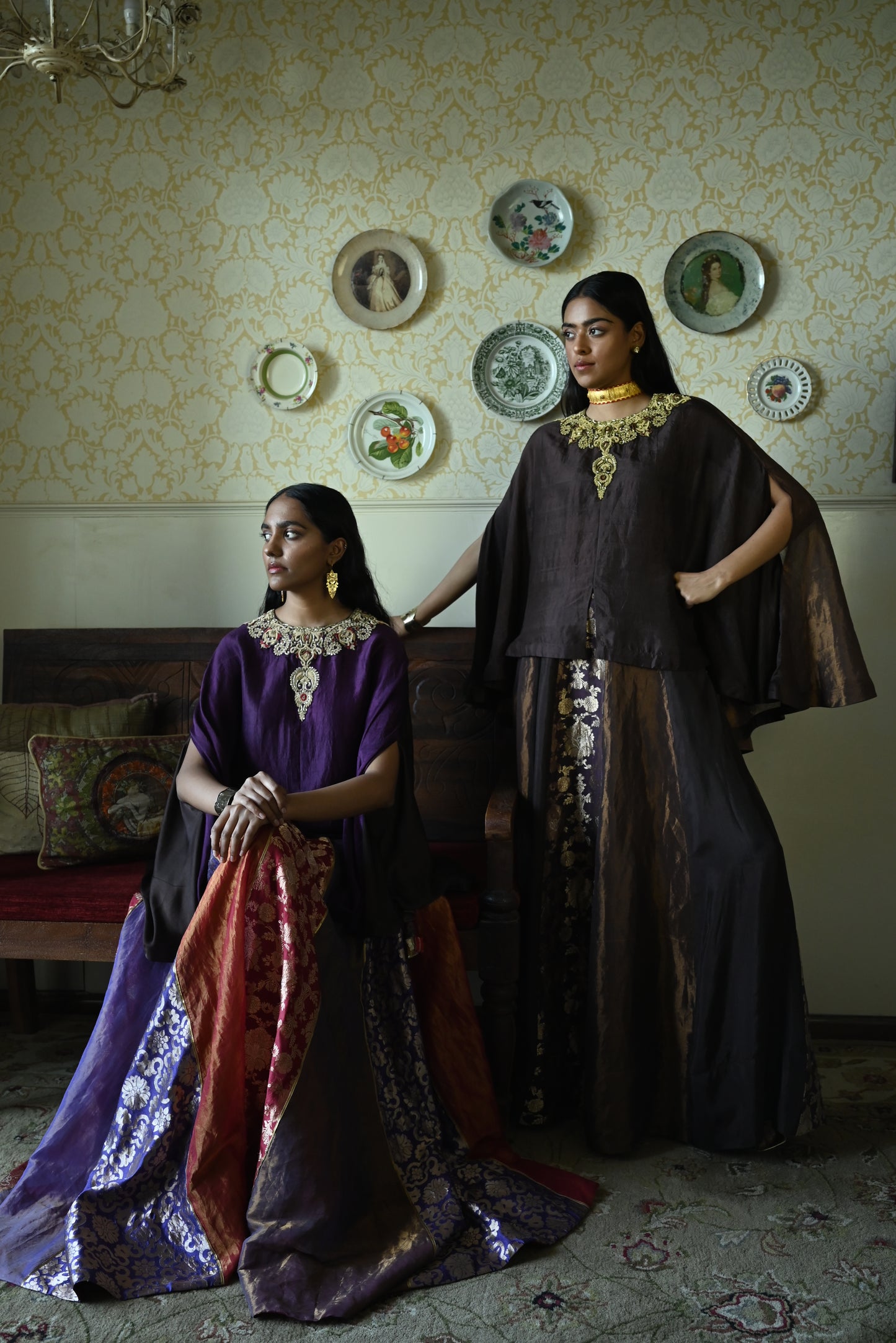Roshni Lehenga in Purple and Red Brocade & Purple Maharani cape