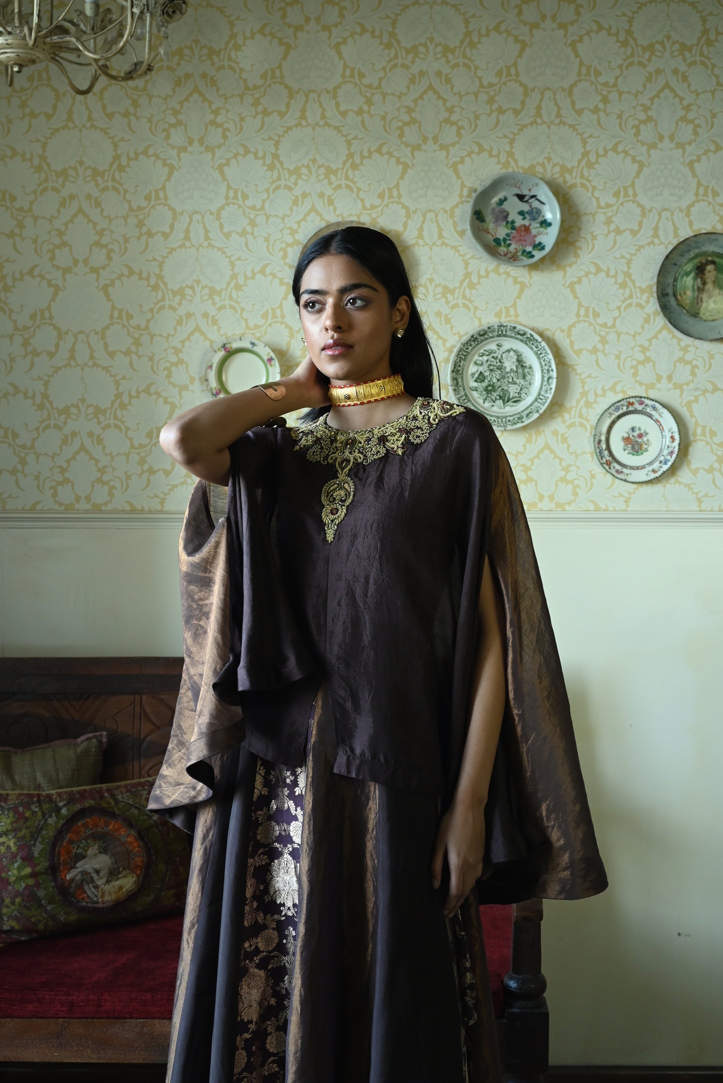 Roshni Lehenga in Brown Brocade Lehenga & Brown Maharani Cape