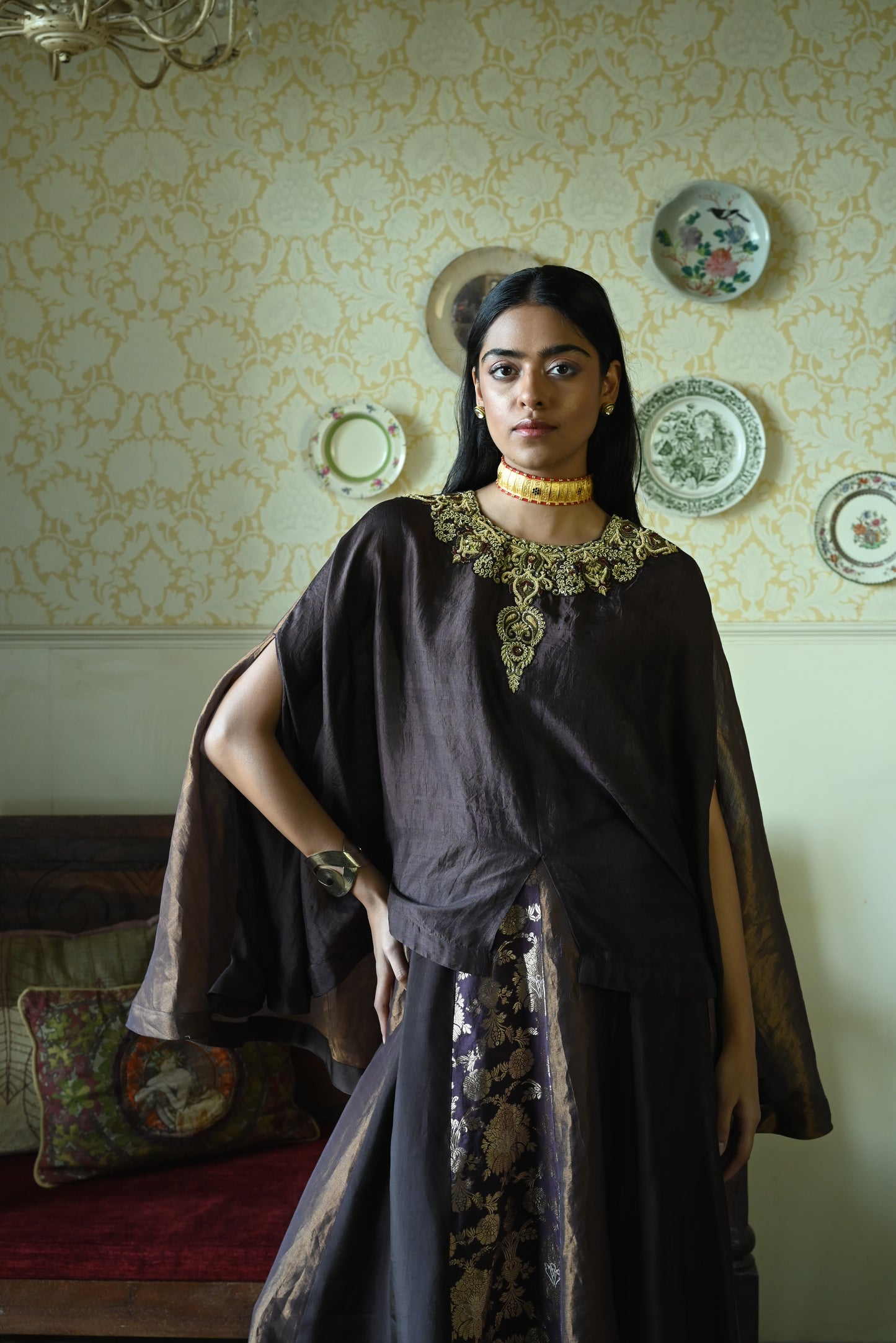 Roshni Lehenga in Brown Brocade Lehenga & Brown Maharani Cape