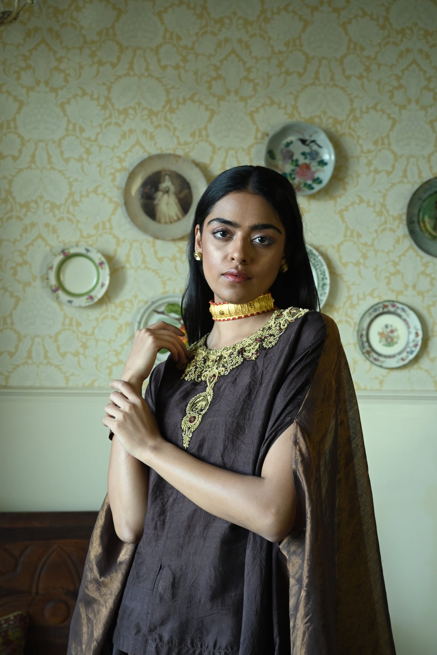 Roshni Lehenga in Brown Brocade Lehenga & Brown Maharani Cape