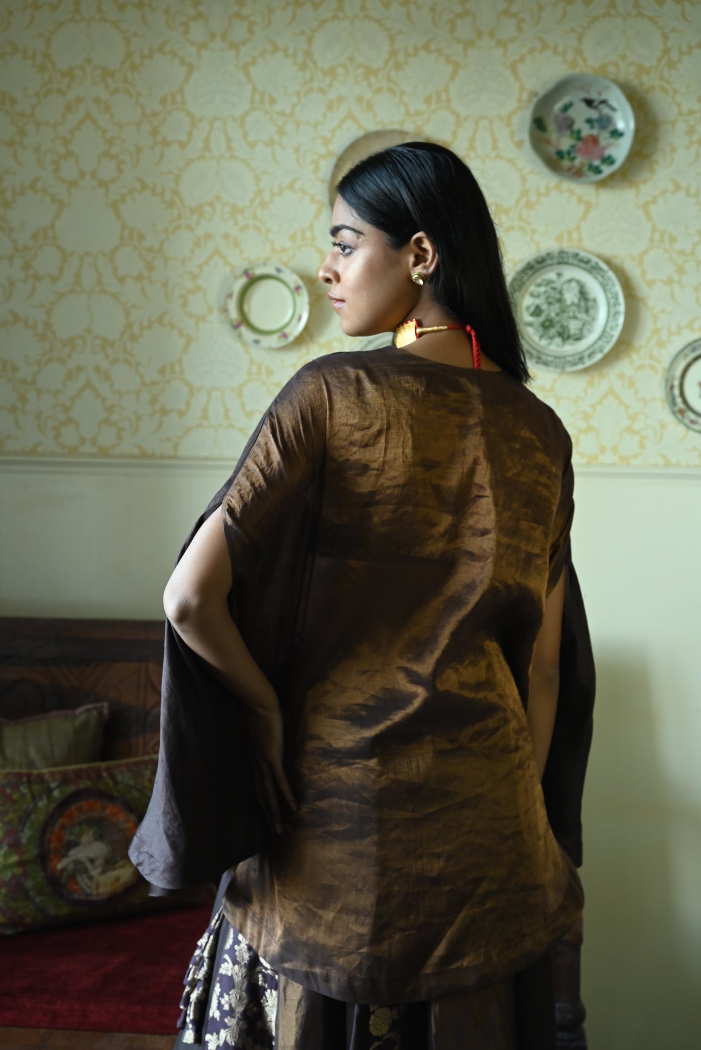 Roshni Lehenga in Brown Brocade Lehenga & Brown Maharani Cape