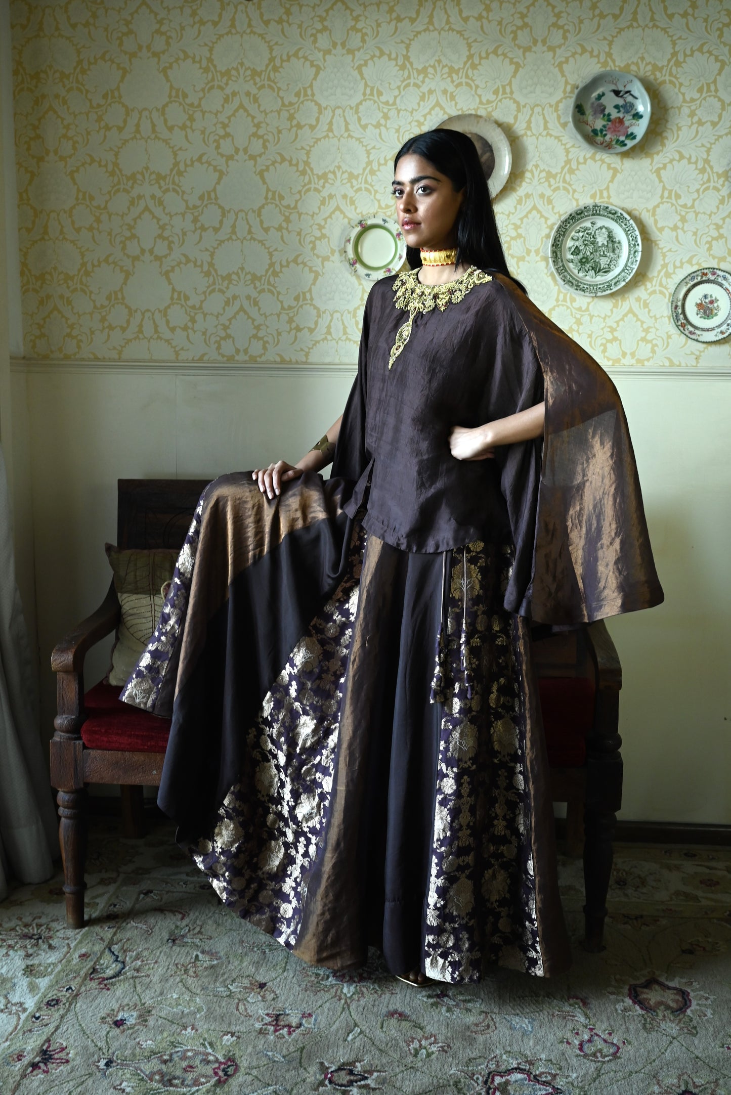 Roshni Lehenga in Brown Brocade Lehenga & Brown Maharani Cape