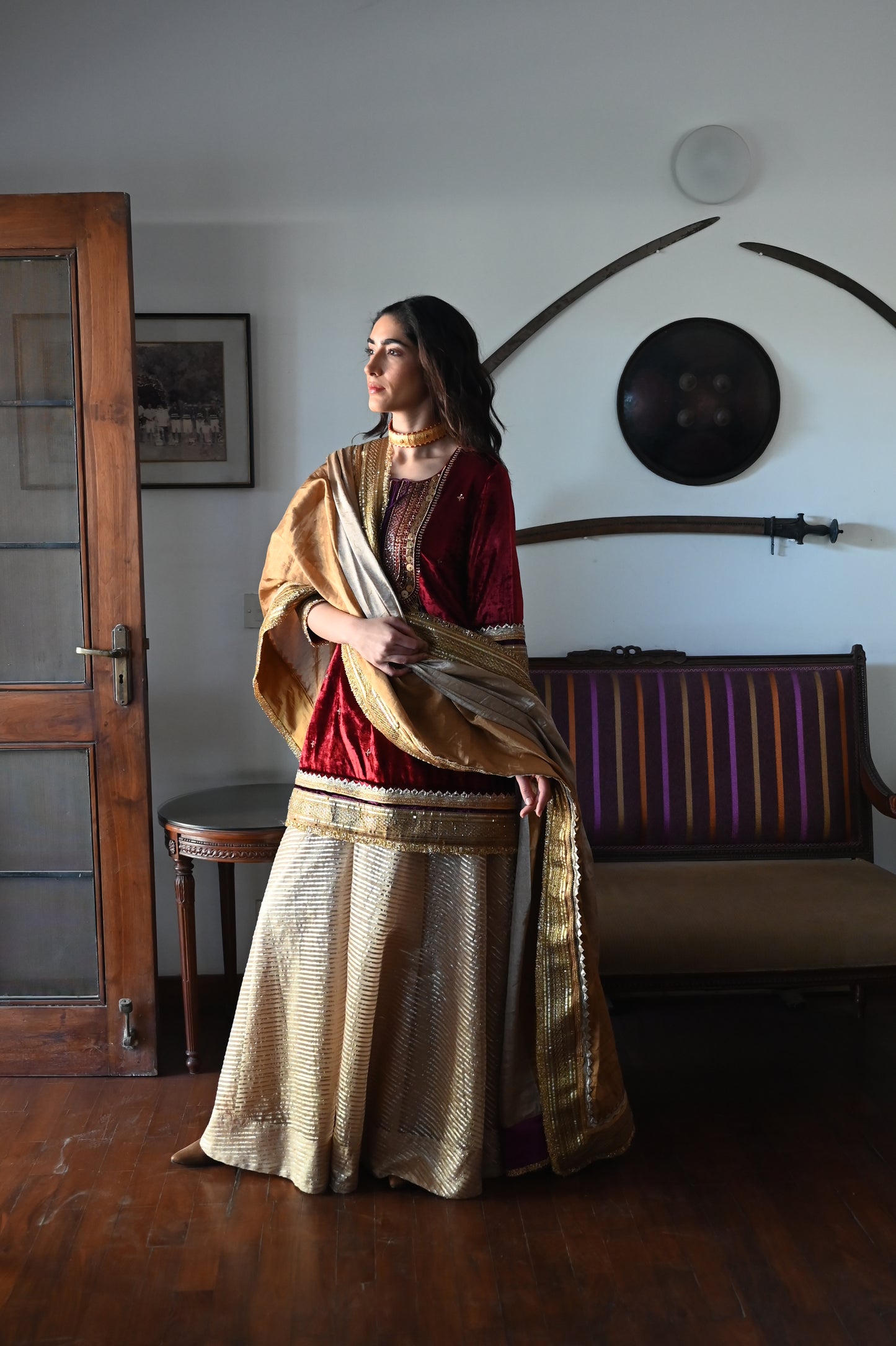 Amal Kurta in Red Velvet with ghee CC Garara