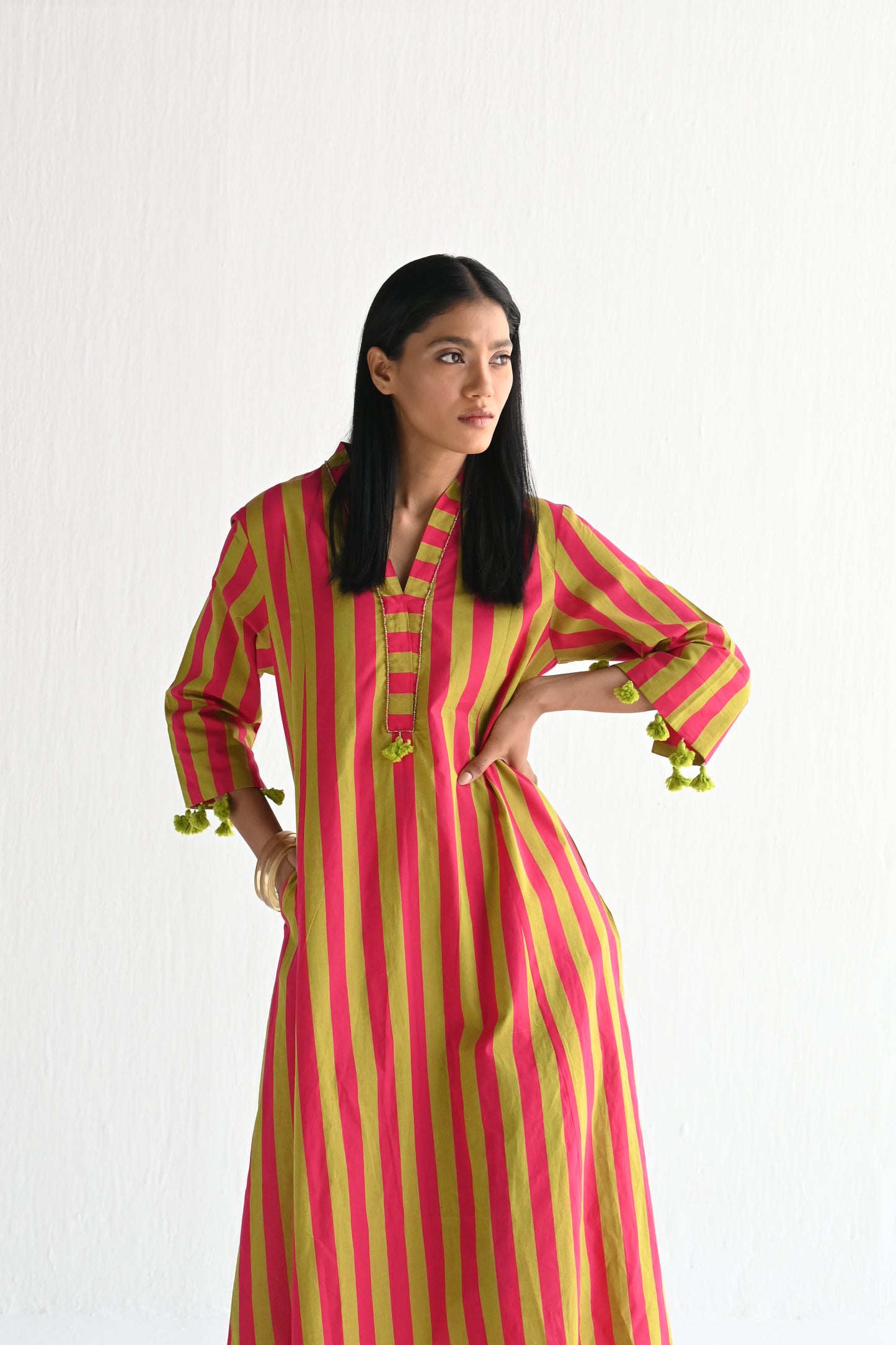Sashiko in orange & Lime Green Stripes ( dress only)