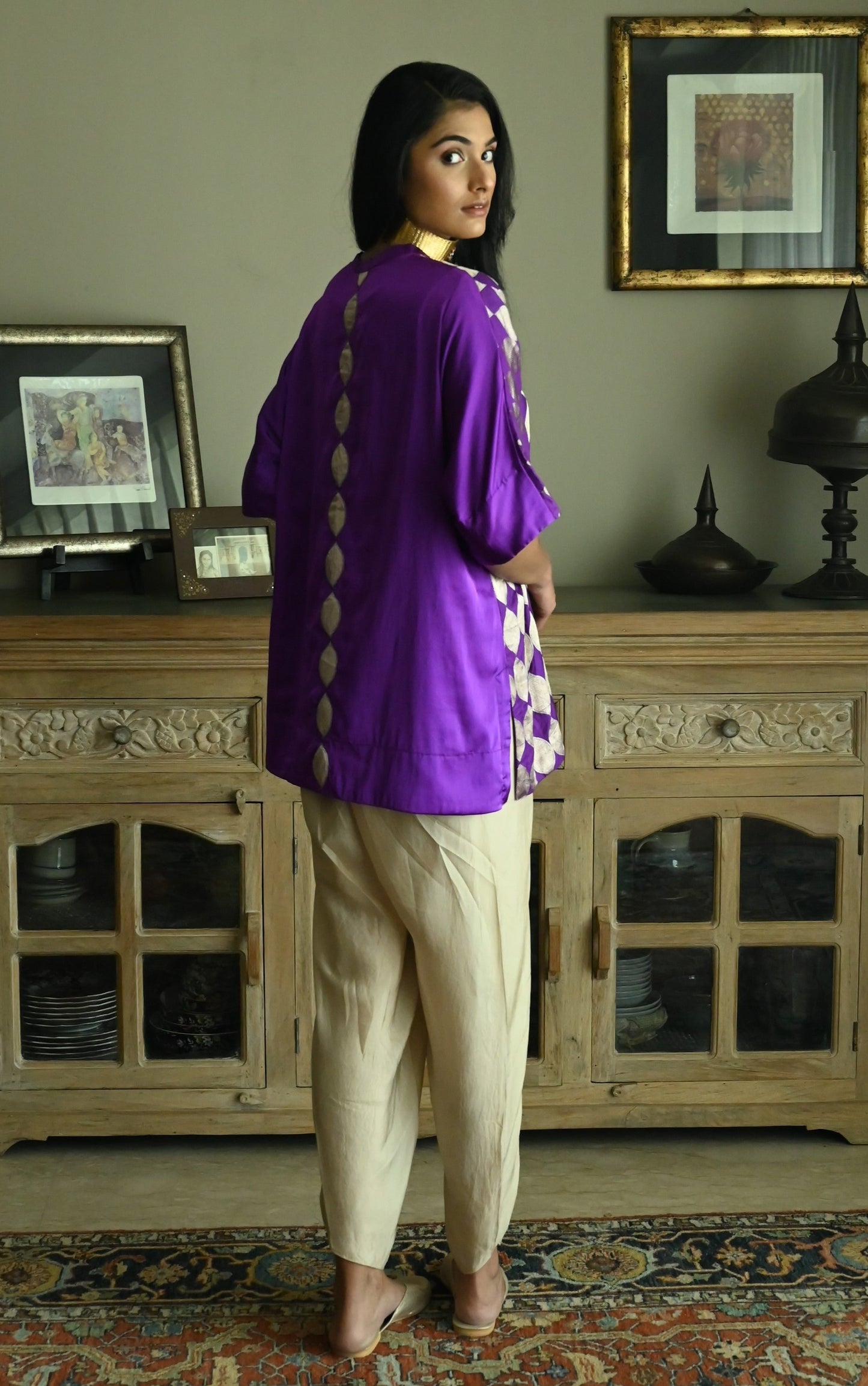 Shahi Kaftan in Bright Purple Brocade with Chai Beige Nandini Dhoti