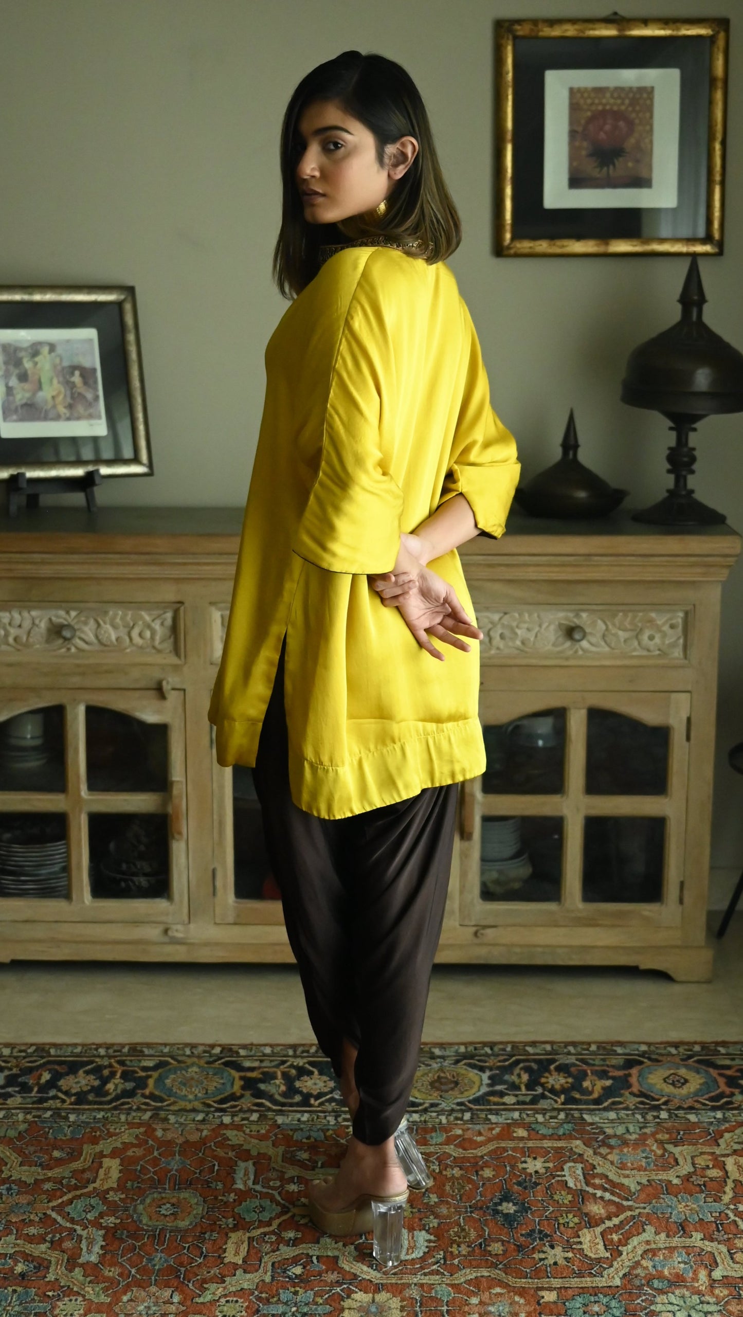Seher Kaftan in Ochre Satin Silk with Brown Tannu Pant