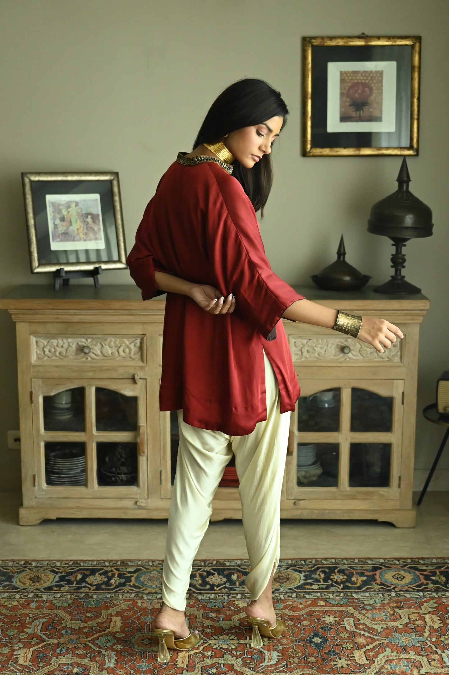 Seher Kaftan in Red Satin Silk with Ivory Tannu Pant
