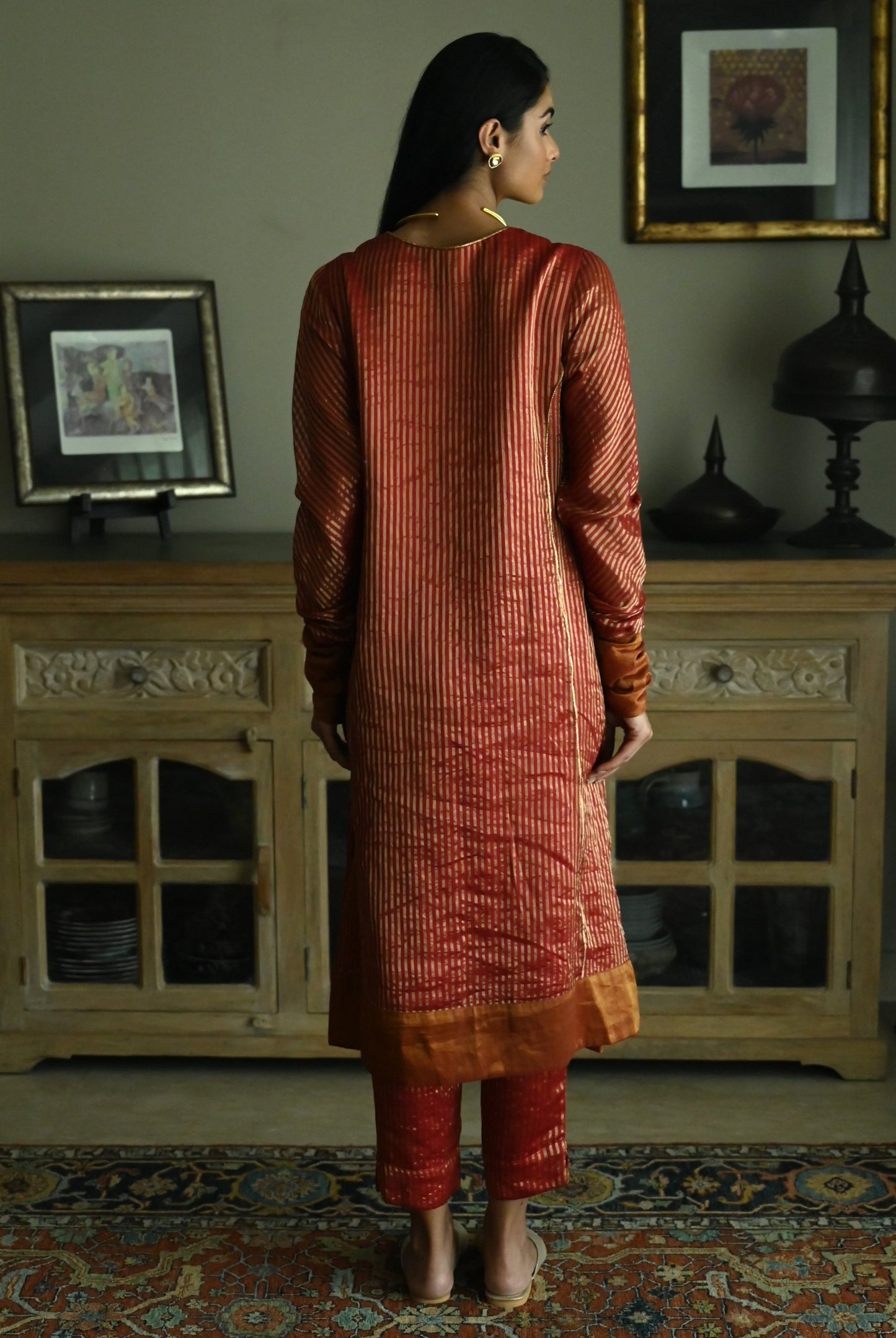 Anu Kurta in Red Stripes Handloom Tissue with Pant