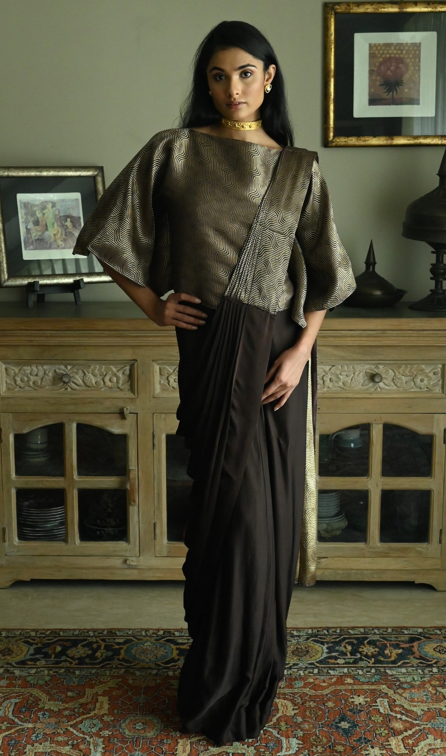 Brown Satin Silk Ready-to-Wear Saree