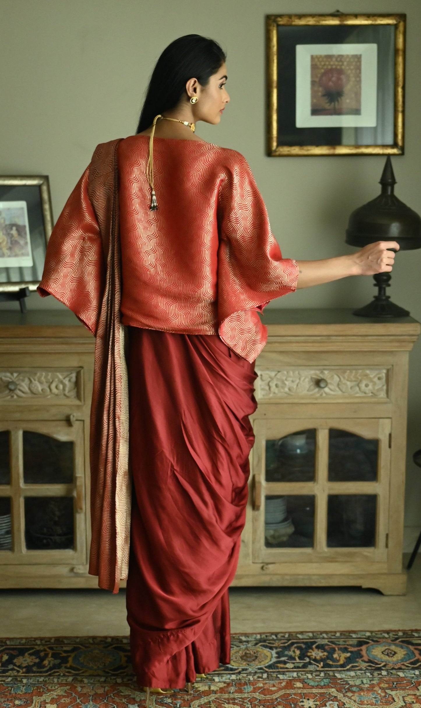 Red Satin Silk Ready-to-Wear Saree w batwing blouse