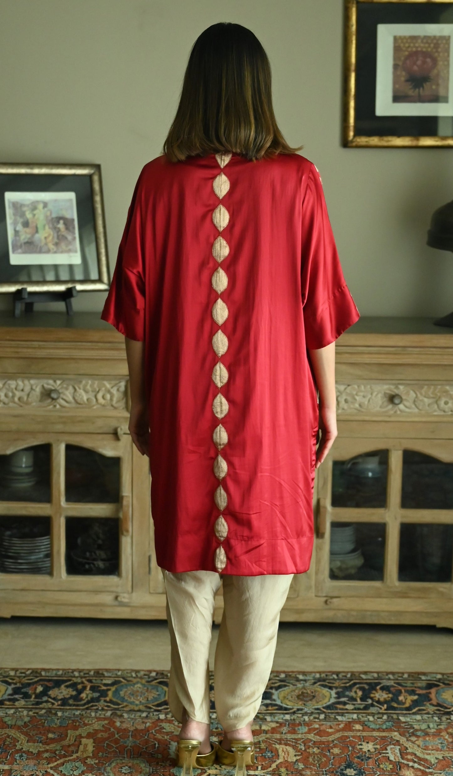Shahi Kaftan in Red Brocade with Chai Beige Nandini Dhoti