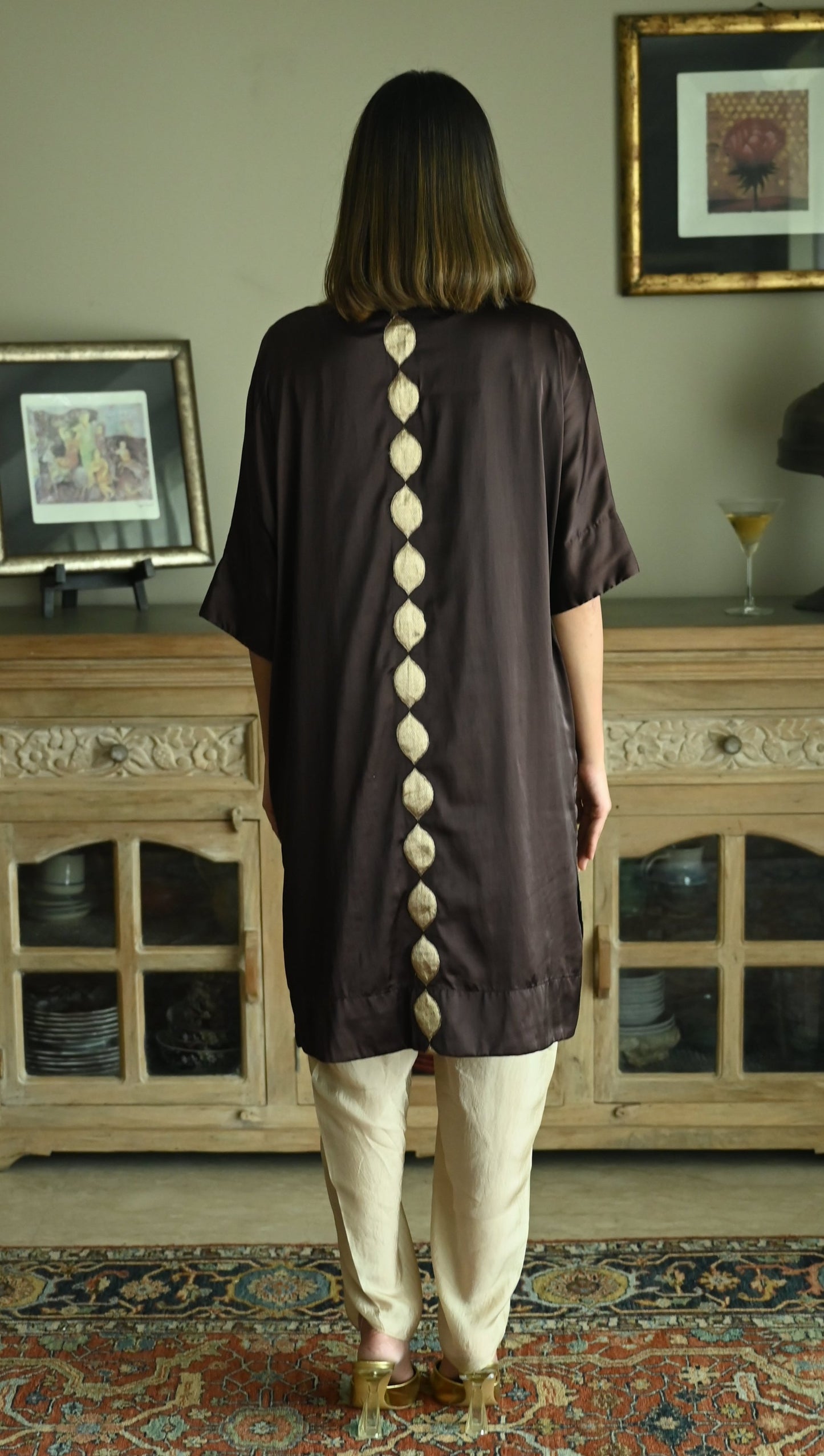 Shahi Kaftan in Brown Brocade with Chai Beige Nandini Dhoti