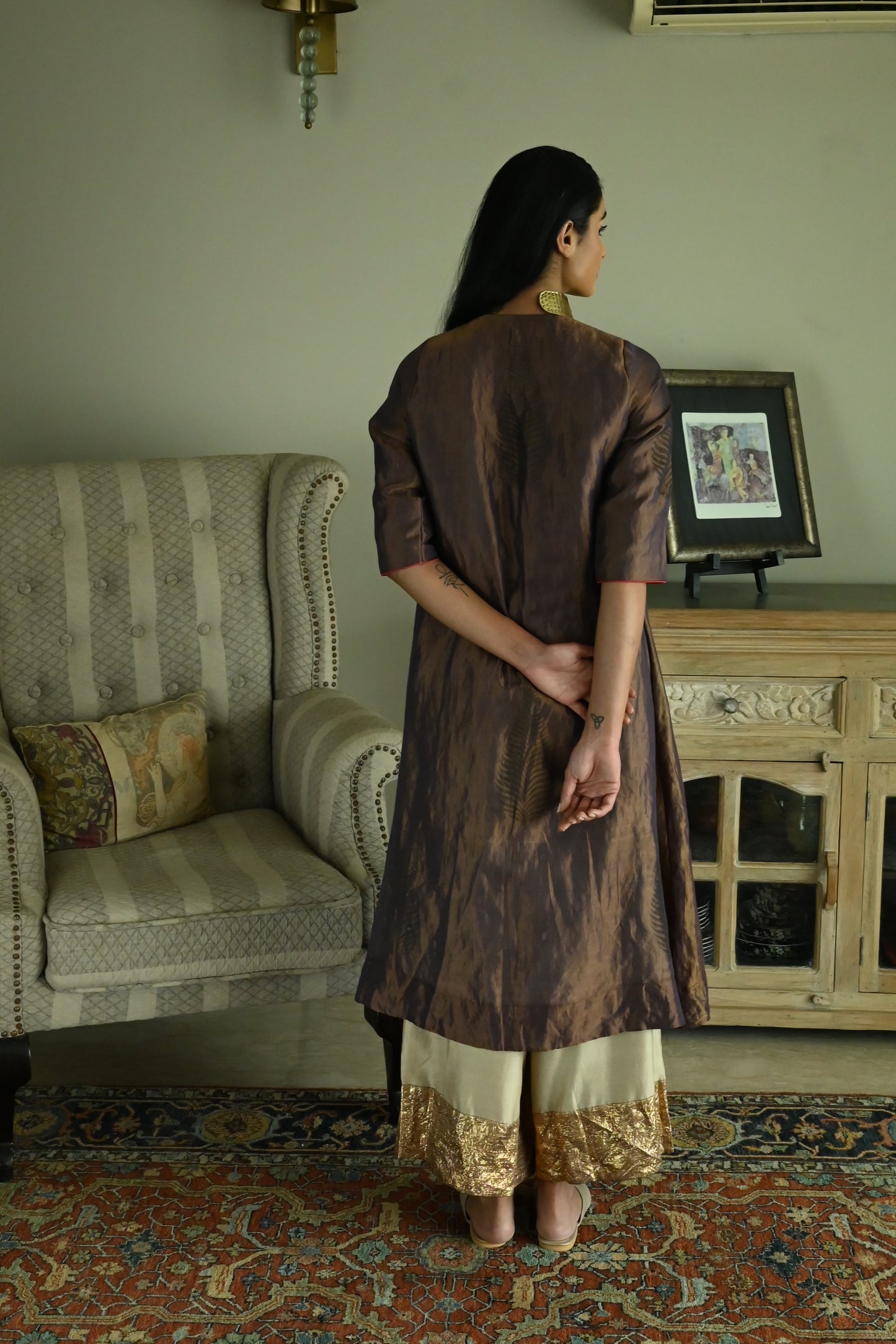 Banjara Kurta in Plum Tissue with Chai Beige Farshi