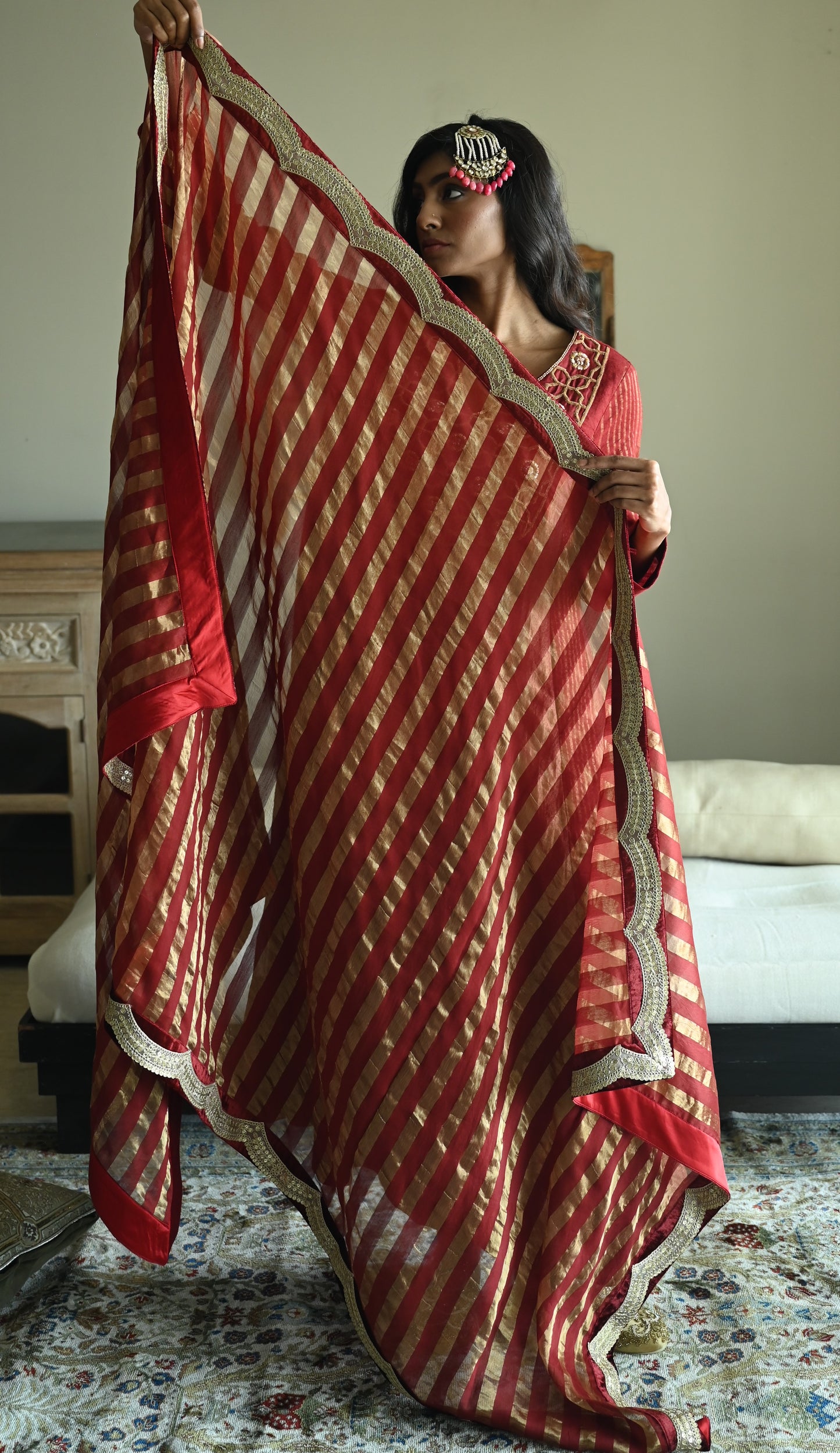 Lakeerein Lal Dupatta in Stripe Tissue