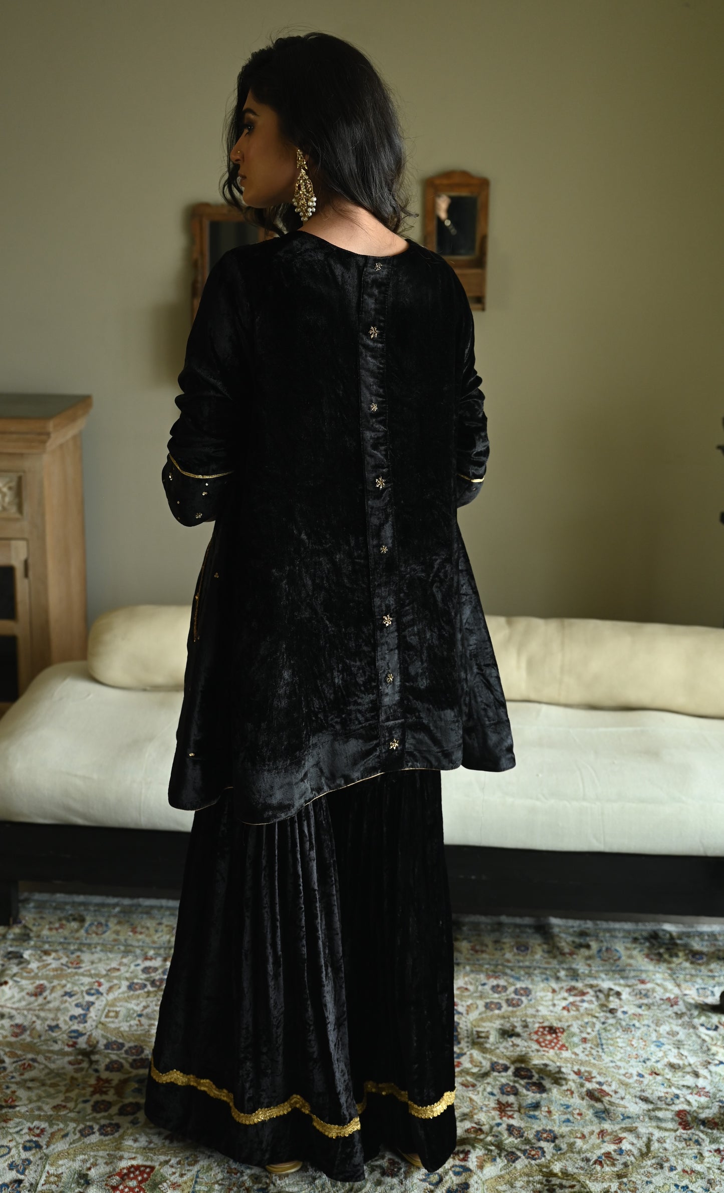 Sunehera Kurta in Black Velvet with Black Velvet Sharara
