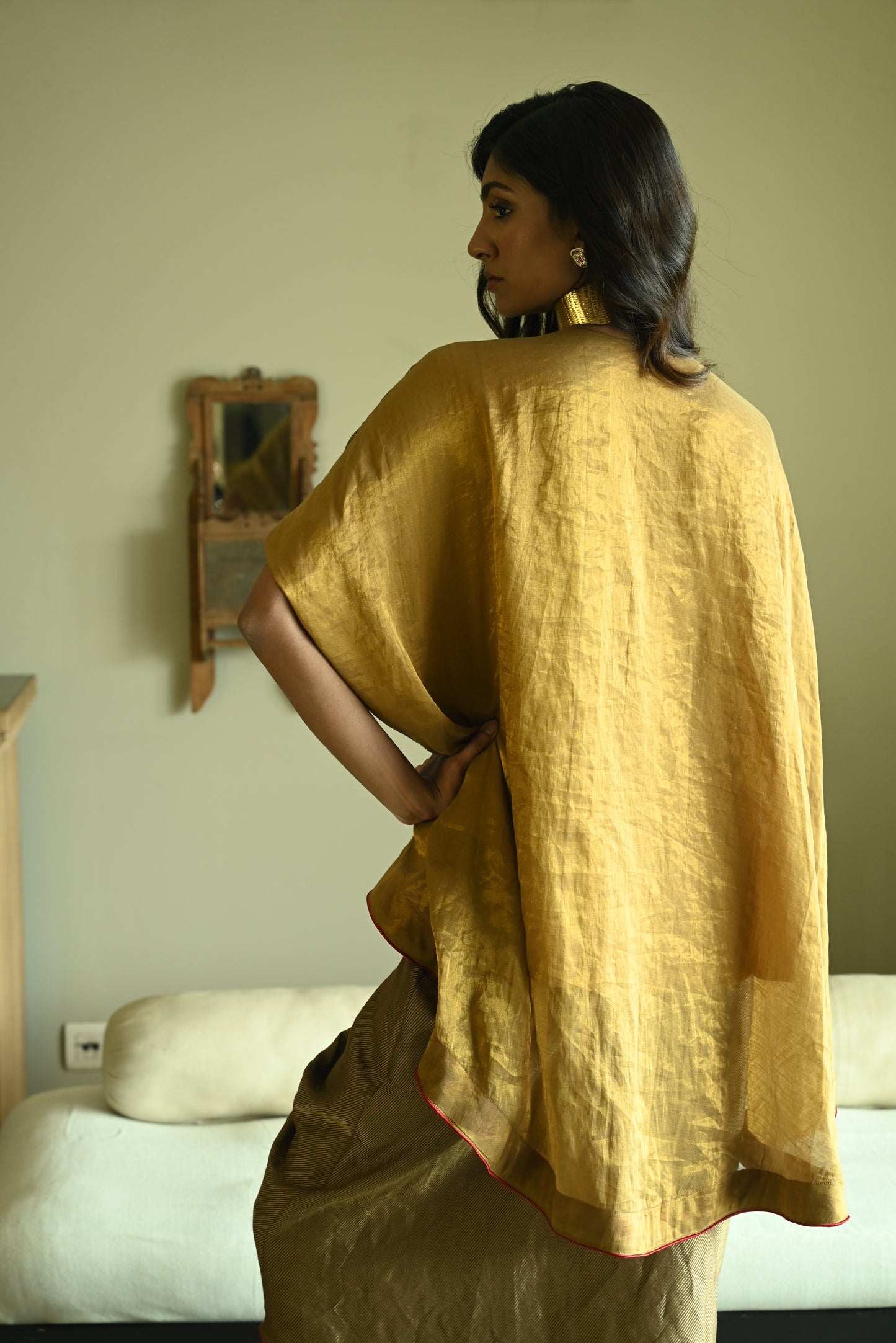Begum Cape in Gold Tussar Brocade with Cowl Skirt