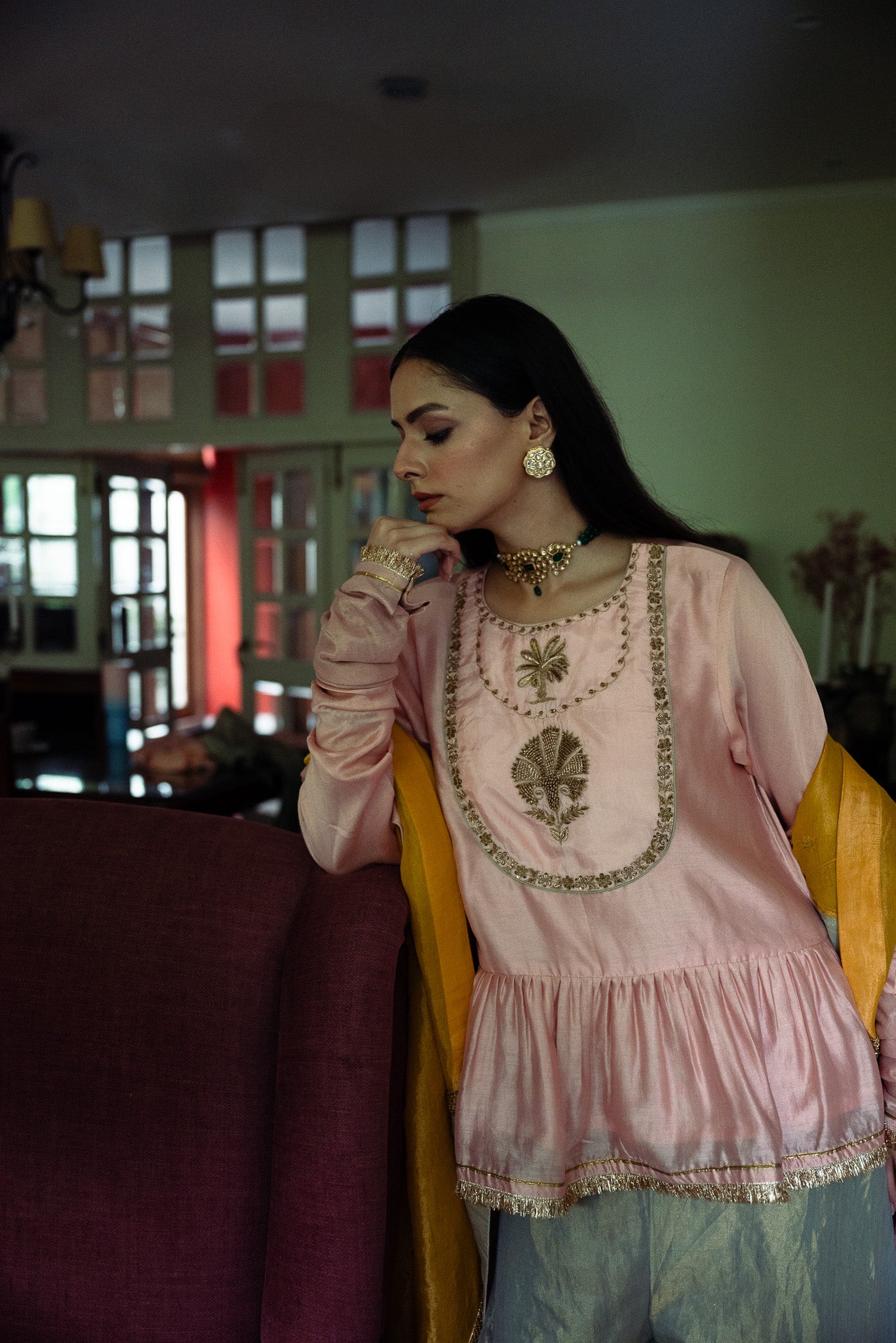 Nur Kedia in Blush Pink with Pista Green Tissue Garara