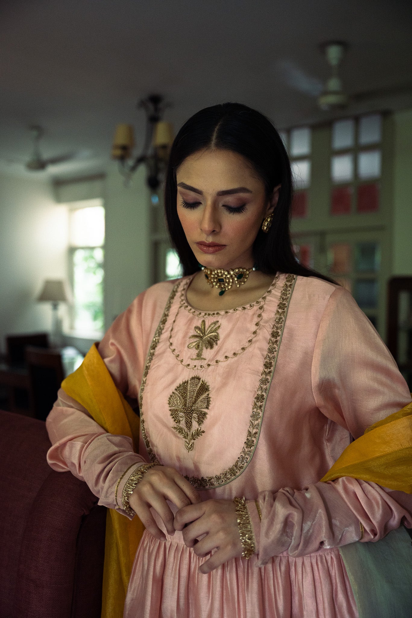 Nur Kedia in Blush Pink with Pista Green Tissue Garara