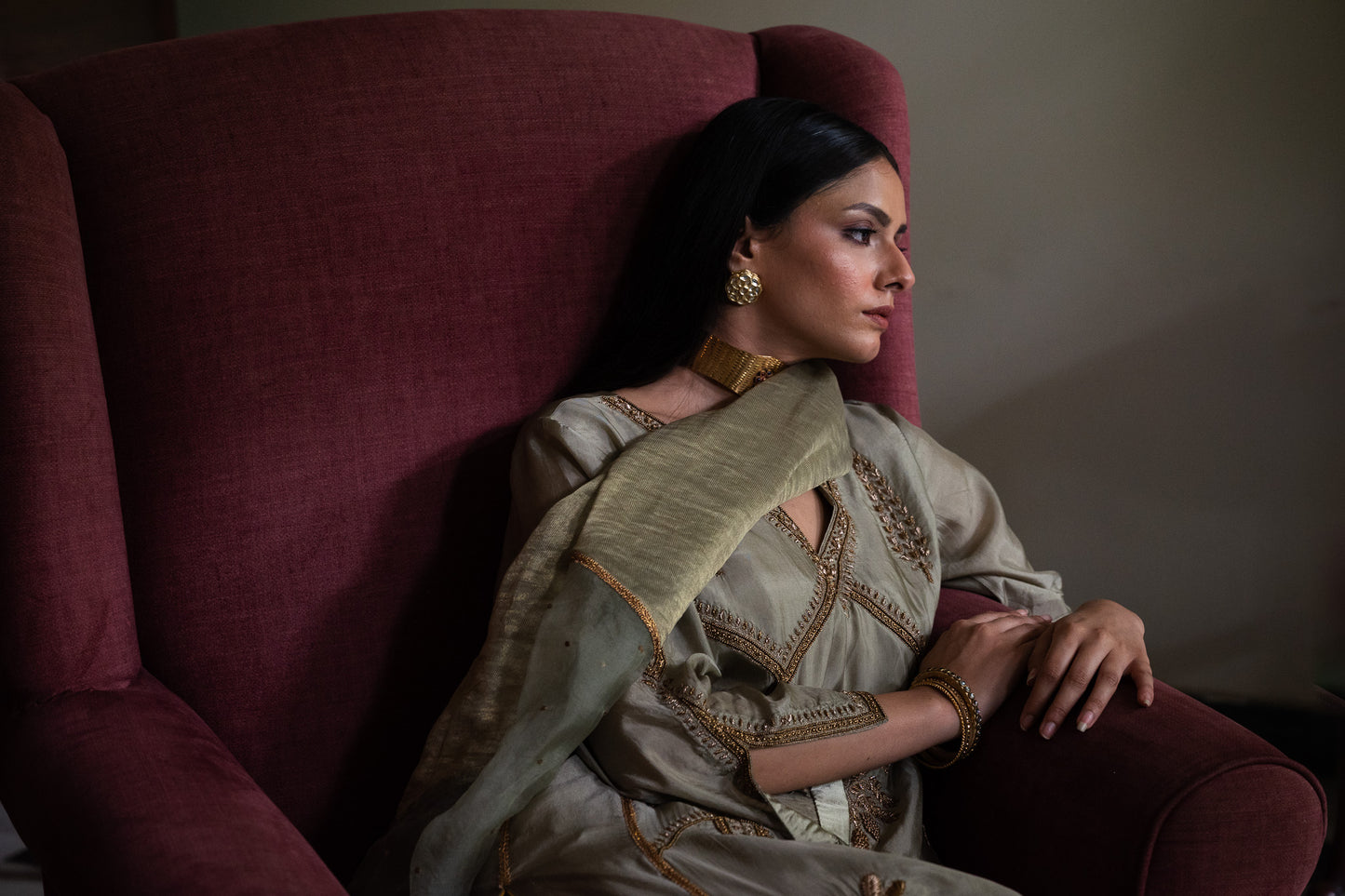 Nur jahan Sage Green Sati And Organza Dupatta