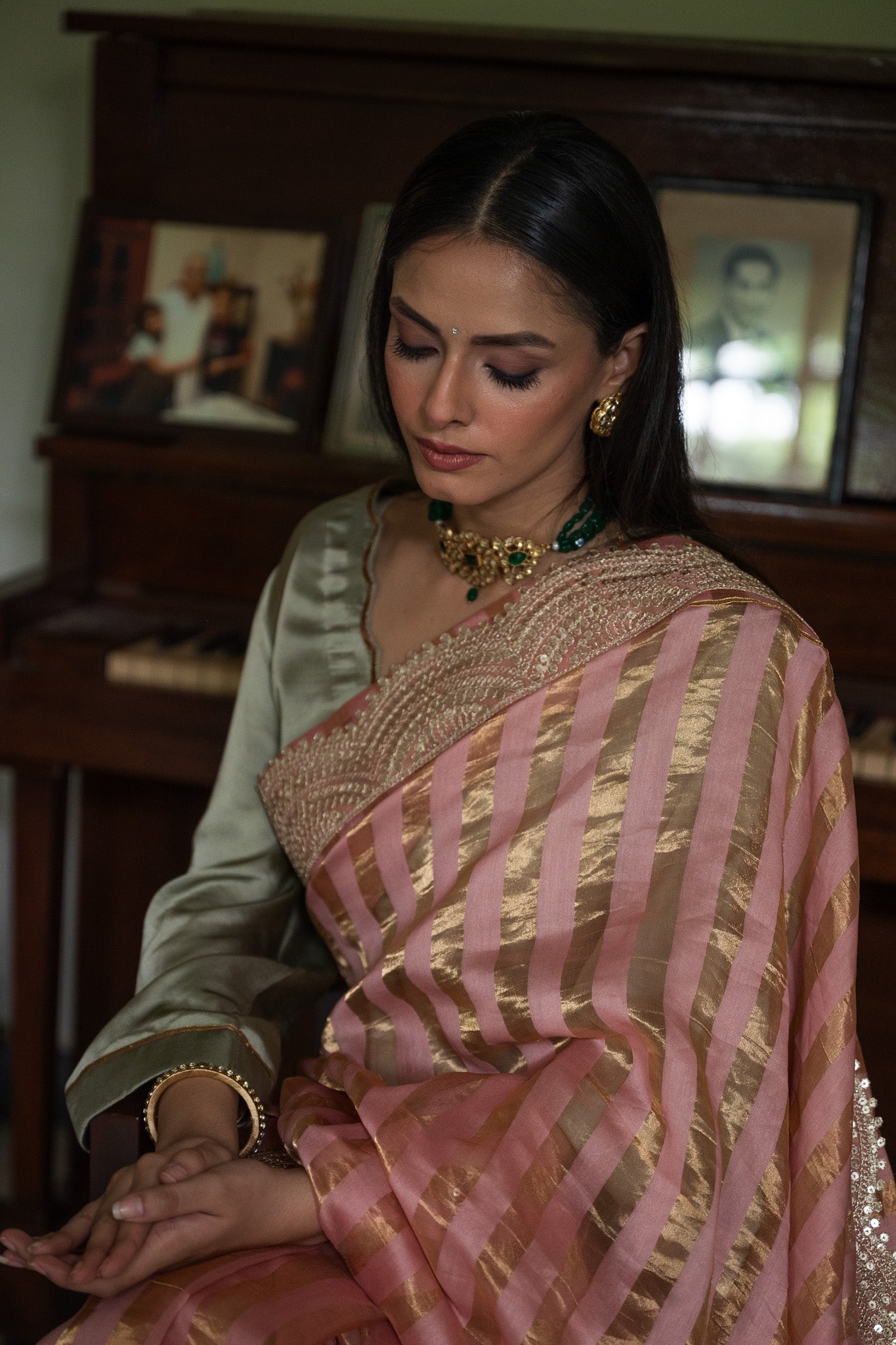 Nusrat Handloom Zari Stripe Saree in Rose Pink