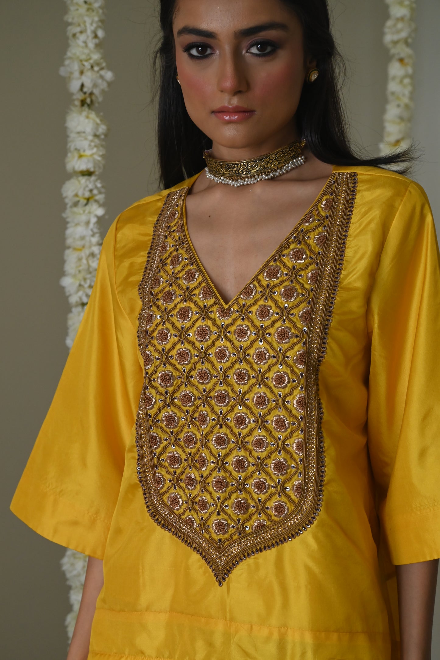 Noor Tunic in Yellow Silk with Deep Ivory Cowl Skirt