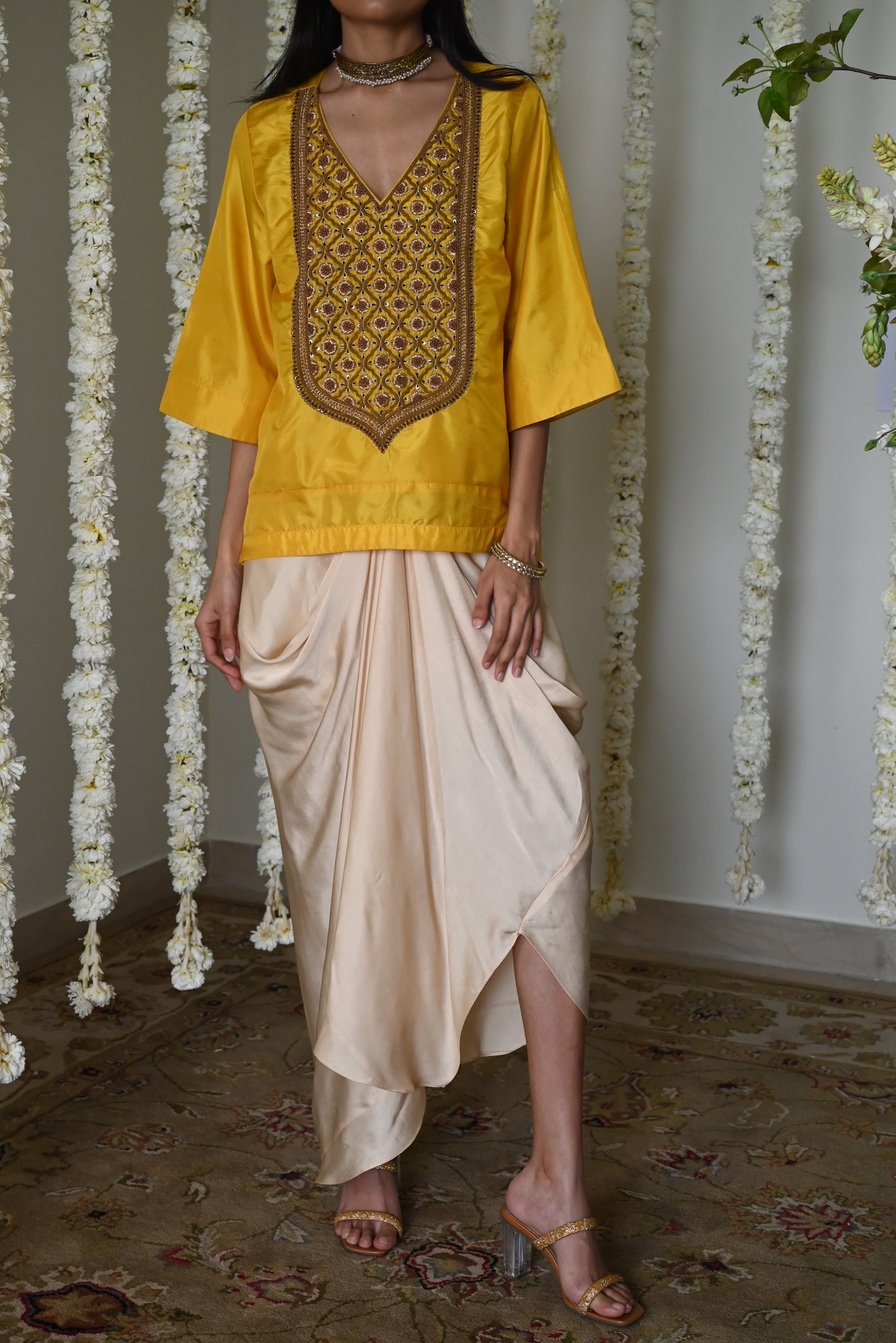 Noor Tunic in Yellow Silk with Deep Ivory Cowl Skirt