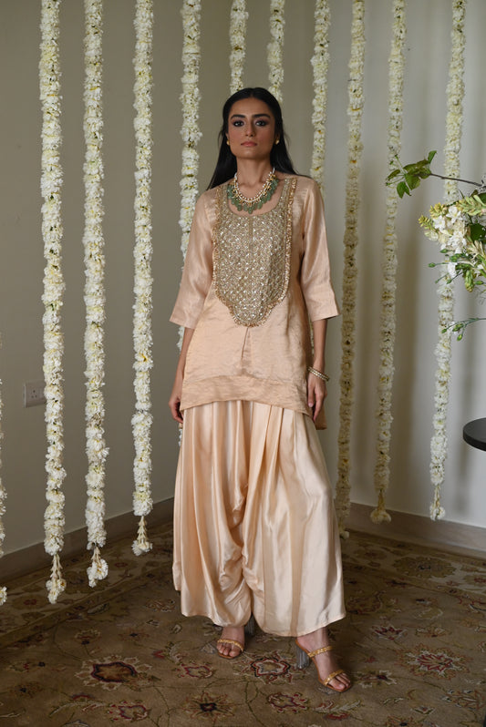 Rani Tunic in Deep Ivory with Deep Ivory Cowl Palazzo