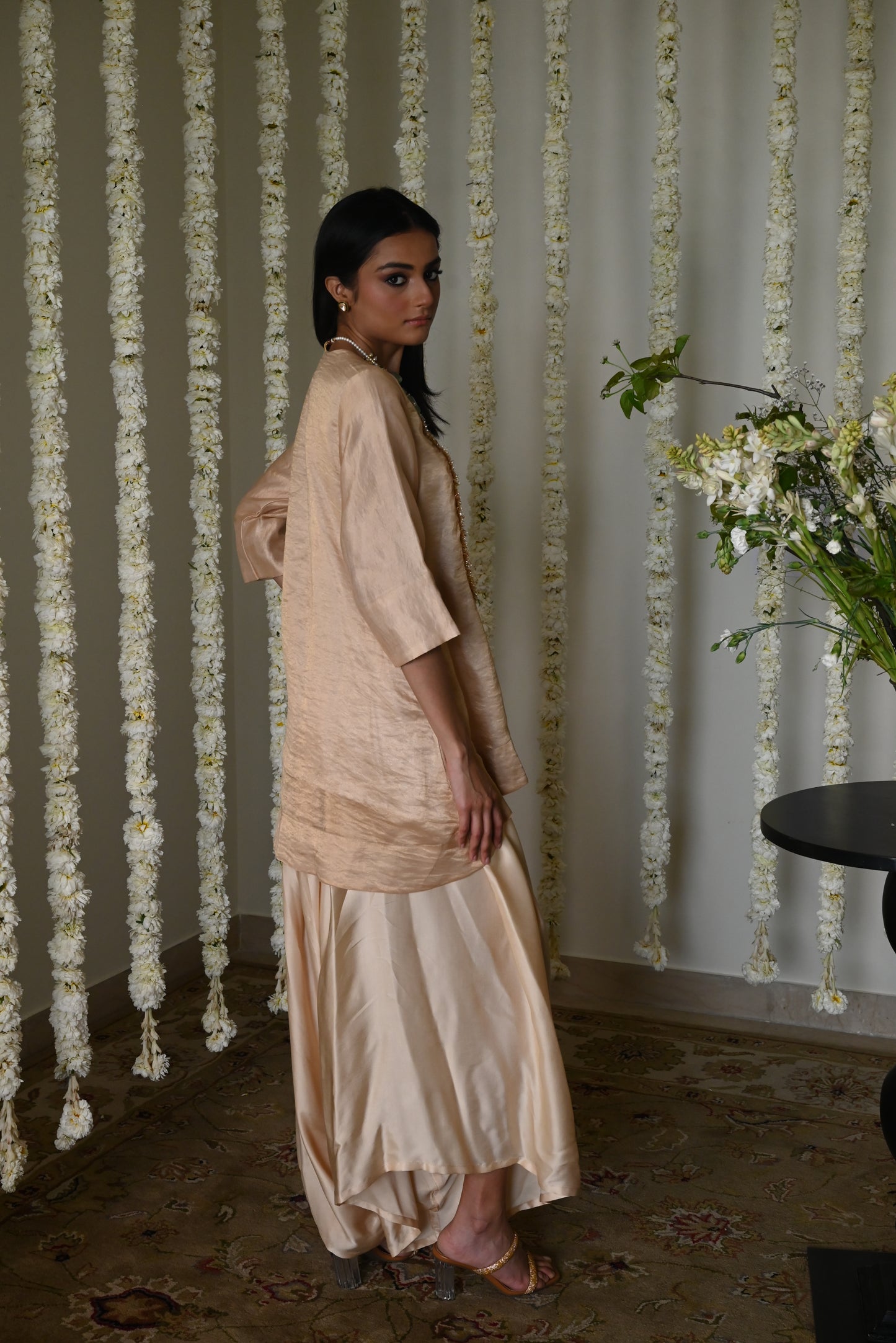 Rani Tunic in Deep Ivory with Deep Ivory Cowl Palazzo