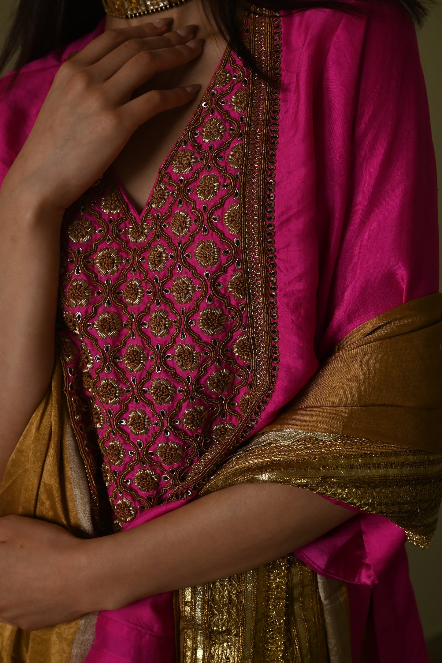Noor Tunic in Hot Pink Silk with Deep Ivory Cowl Skirt