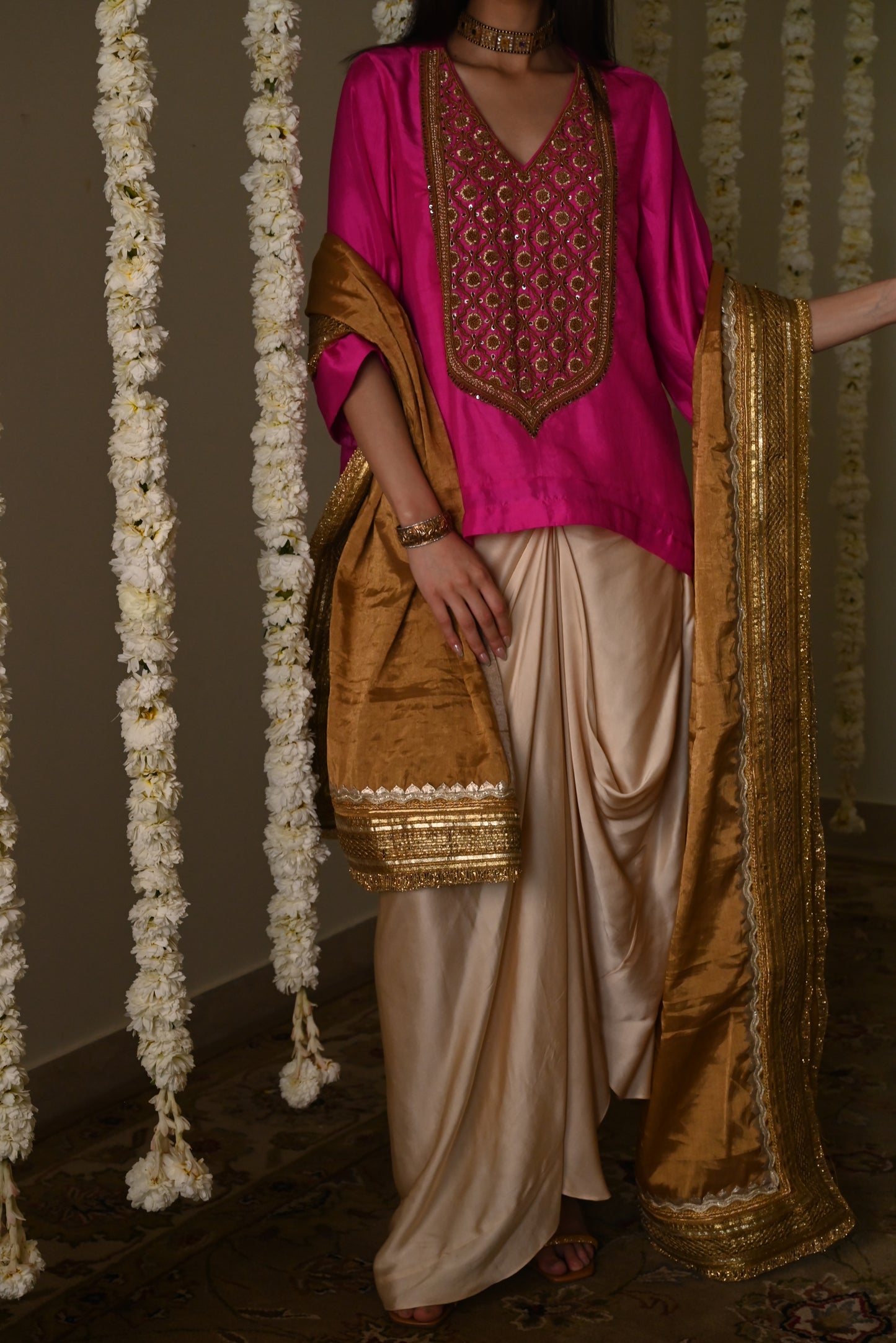 Noor Tunic in Hot Pink Silk with Deep Ivory Cowl Skirt