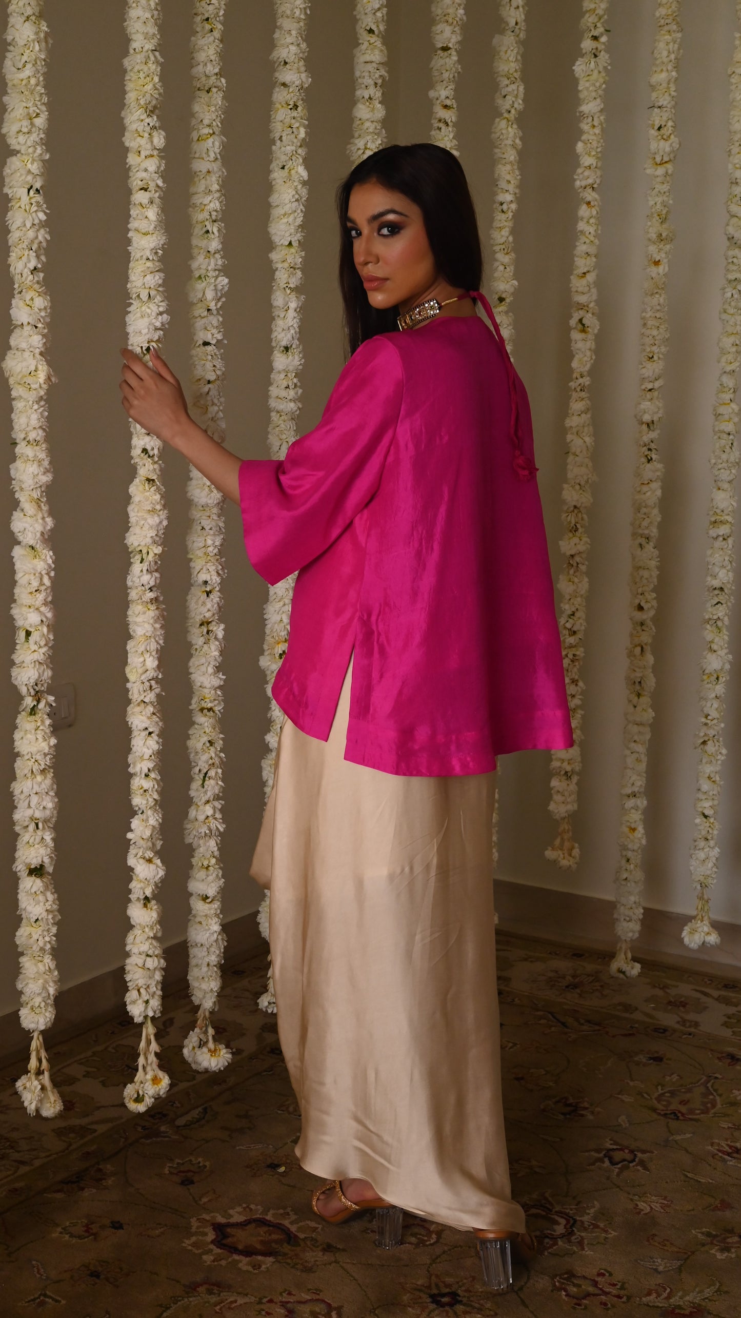 Noor Tunic in Hot Pink Silk with Deep Ivory Cowl Skirt