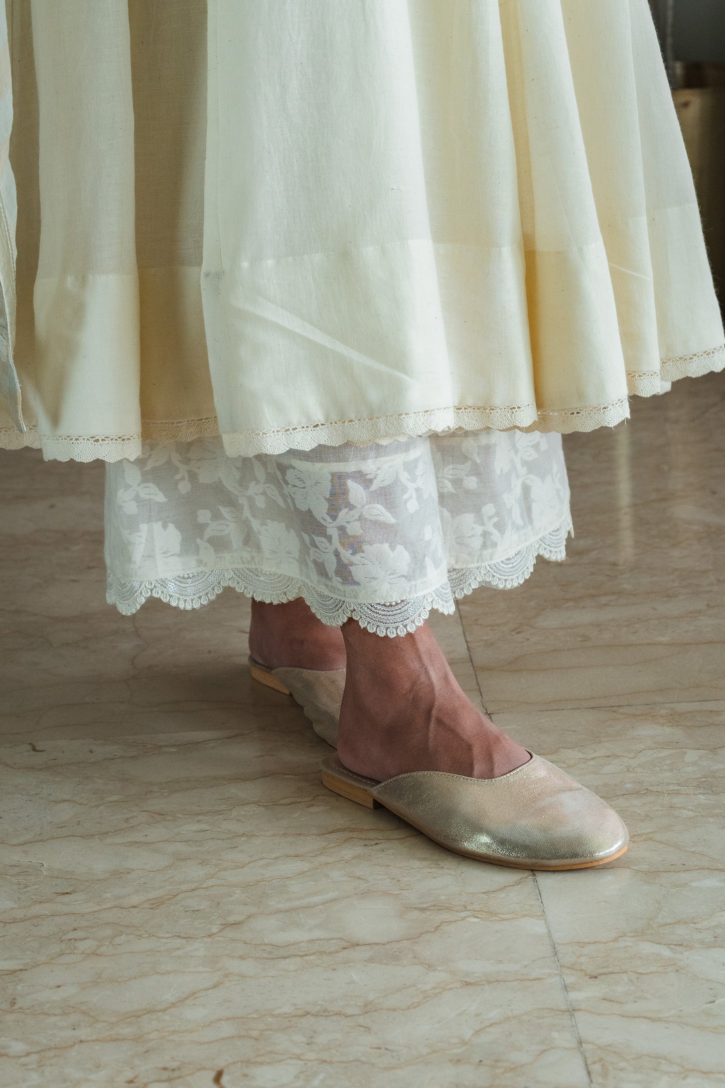 Empireline Kurta In Ivory Jacquard And Muslin With Farshi