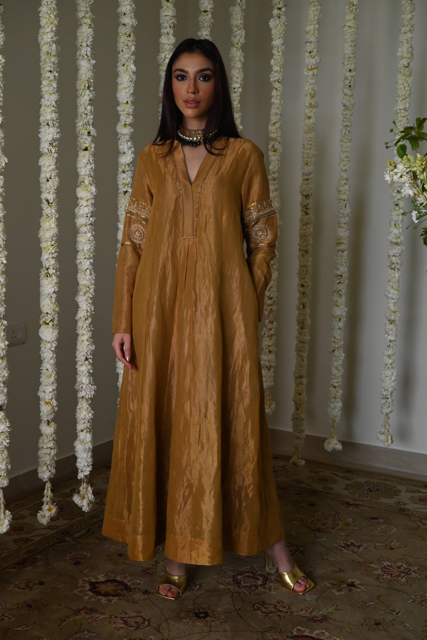 Sushma Anarkali in Antique Gold Tissue